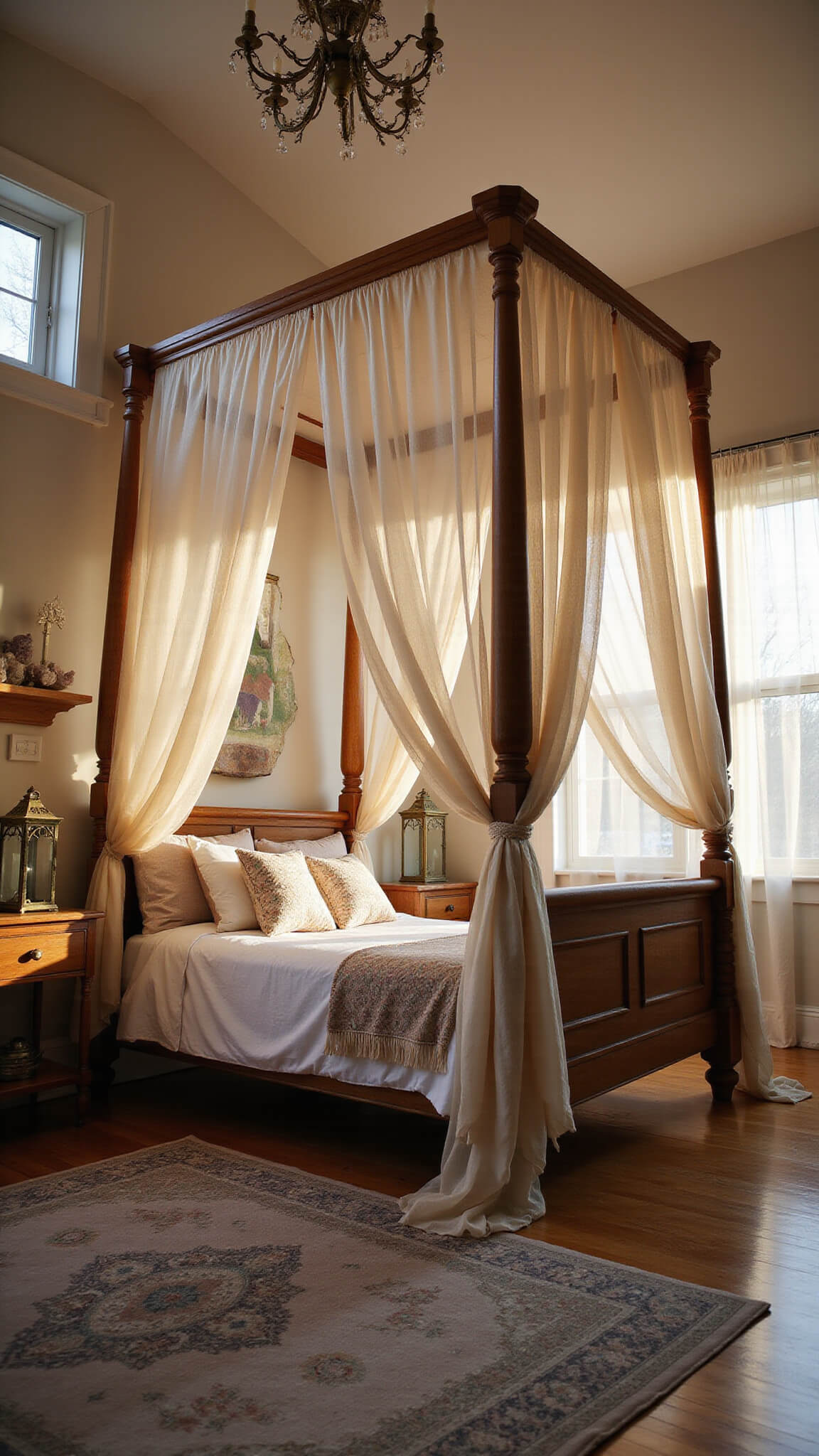 Ethereal golden-hour bedroom with a four-poster bed draped in ivory tulle, fairy lights, brass lanterns, and vintage Persian rug, seen from a low corner angle.