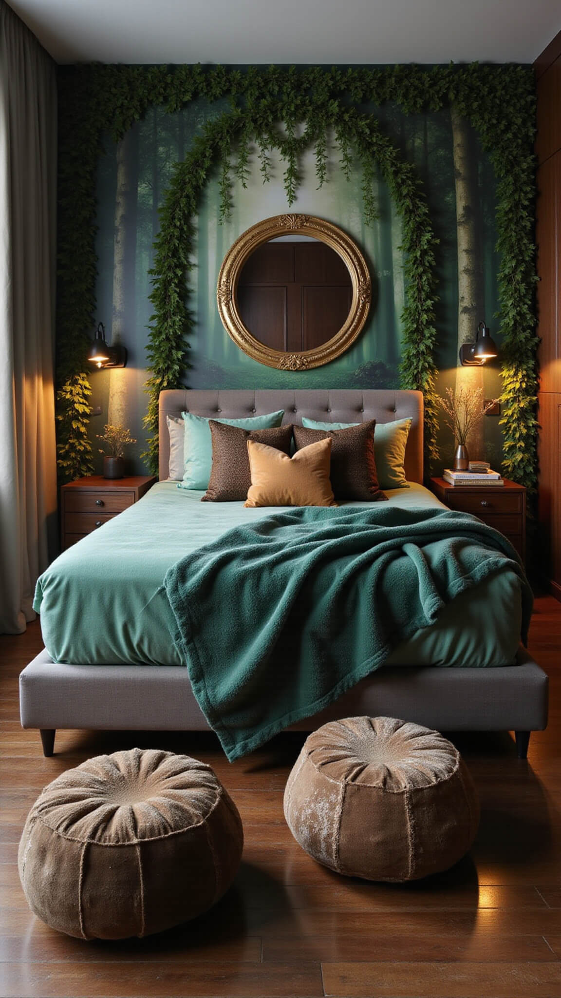 Cozy woodland-themed 12x12ft bedroom with misty forest wallpaper, platform bed, mushroom-shaped poufs, bark-textured pillows, and gold moon mirror framed by vines, lit with soft ambient and spotlighting in emerald and bronze tones.