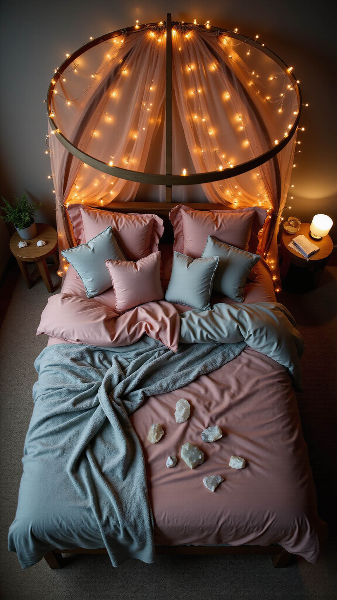 Overhead view of a luxurious, tented bed with warm string lights, layered dusty rose and silver sage bedding, and glowing moonstone and quartz accents.