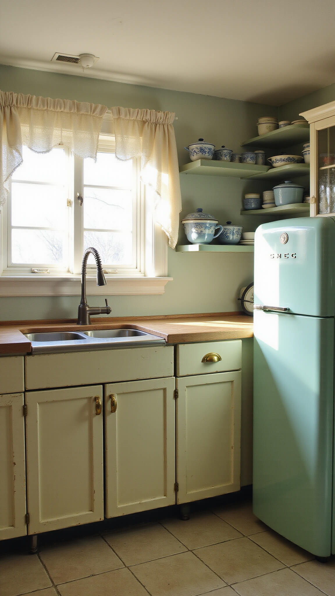 Sunlit vintage kitchen with mint-green Smeg fridge, cream cabinets, and farmhouse sink under window; warm morning light highlights butcher block counters and enamelware on open shelves.