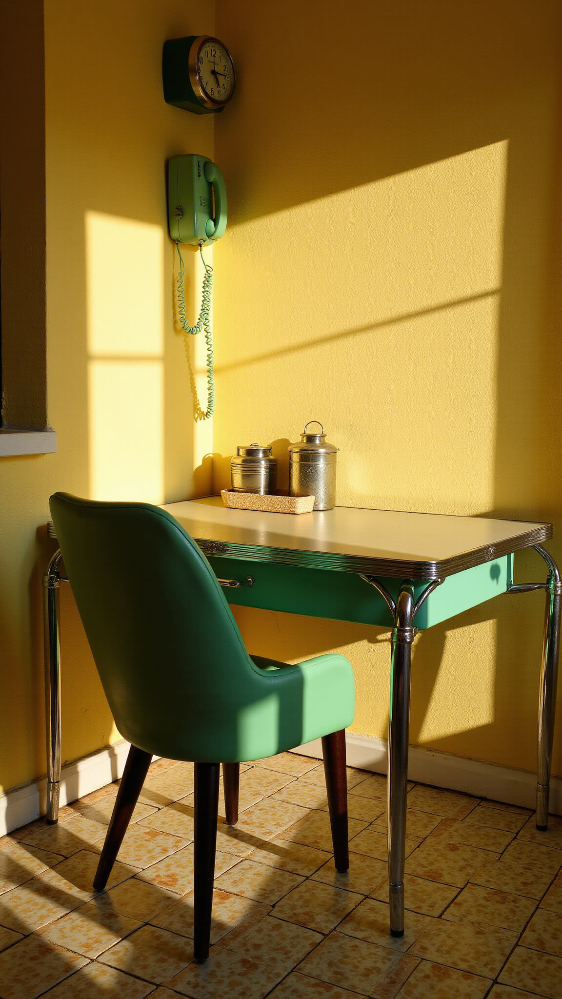 Low-angle view of 1950s-style kitchen with pastel yellow walls, checkerboard linoleum floor, vintage Formica table, chrome-trimmed vinyl chairs, seafoam green rotary phone, and atomic starburst clock in golden hour light.