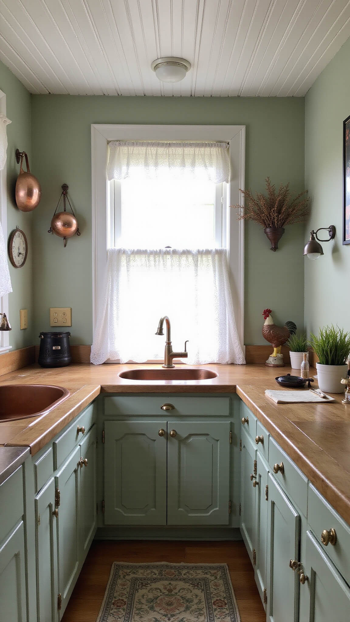 Cozy 8x14 galley kitchen with sage green cabinets, beadboard ceiling, copper sink, lace-curtained window, and French Country decor including hanging pots, dried herbs, and ceramic roosters.