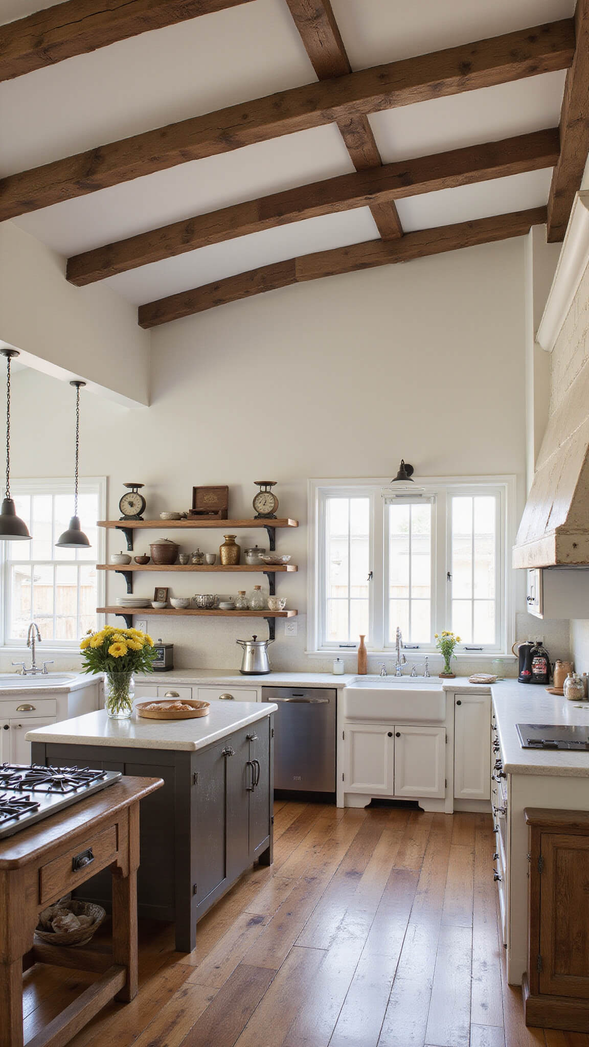 Rustic farmhouse kitchen with exposed beams, distressed white cabinets, soapstone counters, and reclaimed wood island, bathed in early morning light.