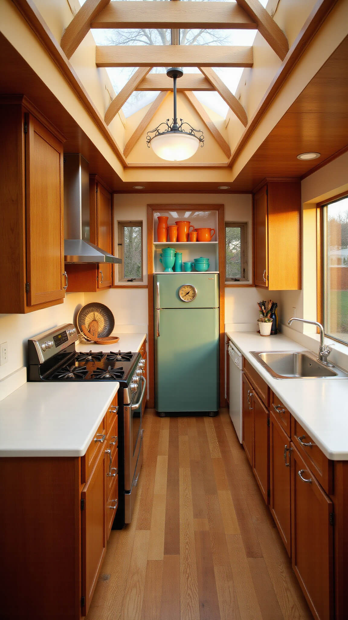 Mid-century modern kitchen with walnut cabinets, white quartz counters, vintage turquoise and orange Pyrex display, starburst clock above restored stove, and warm sunset light through clerestory windows.