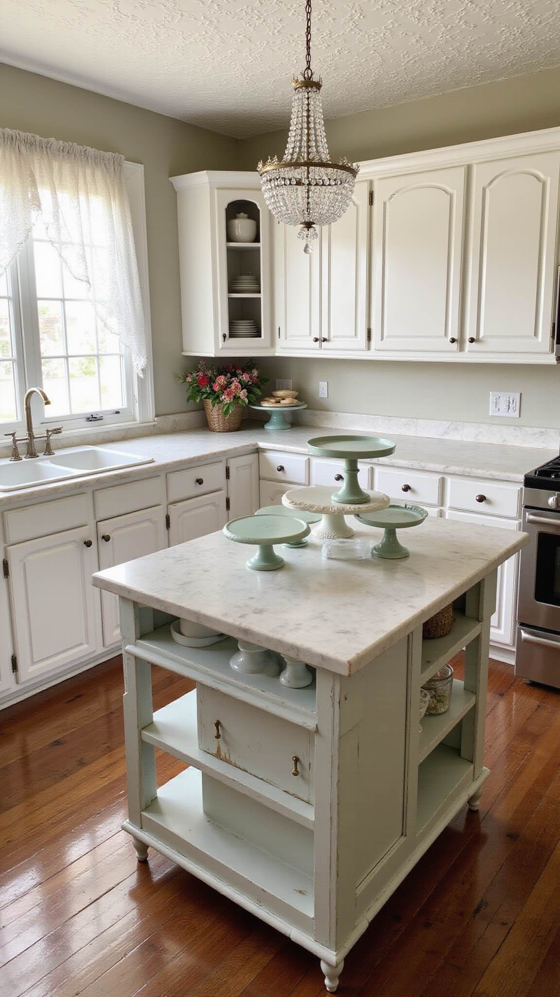 High-angle view of a shabby chic 11x13 kitchen with pressed tin ceiling, distressed white cabinets, marble countertops, crystal chandelier over a painted island, vintage cake stands, and soft afternoon light filtering through sheer curtains.