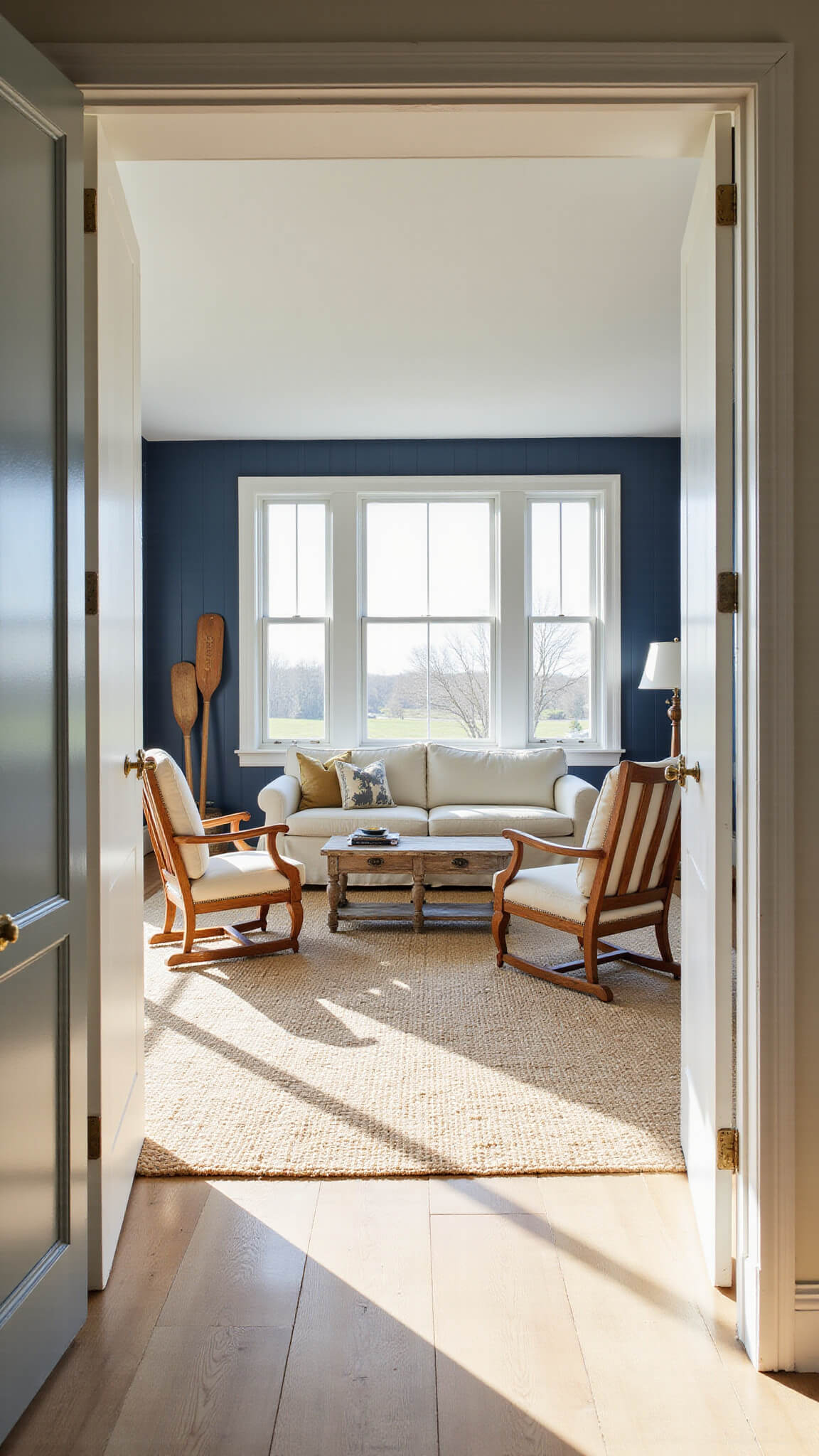 Sunlit open-concept living room with cream linen sofa, naval-blue shiplap walls, jute rug, and vintage coastal decor during golden hour.
