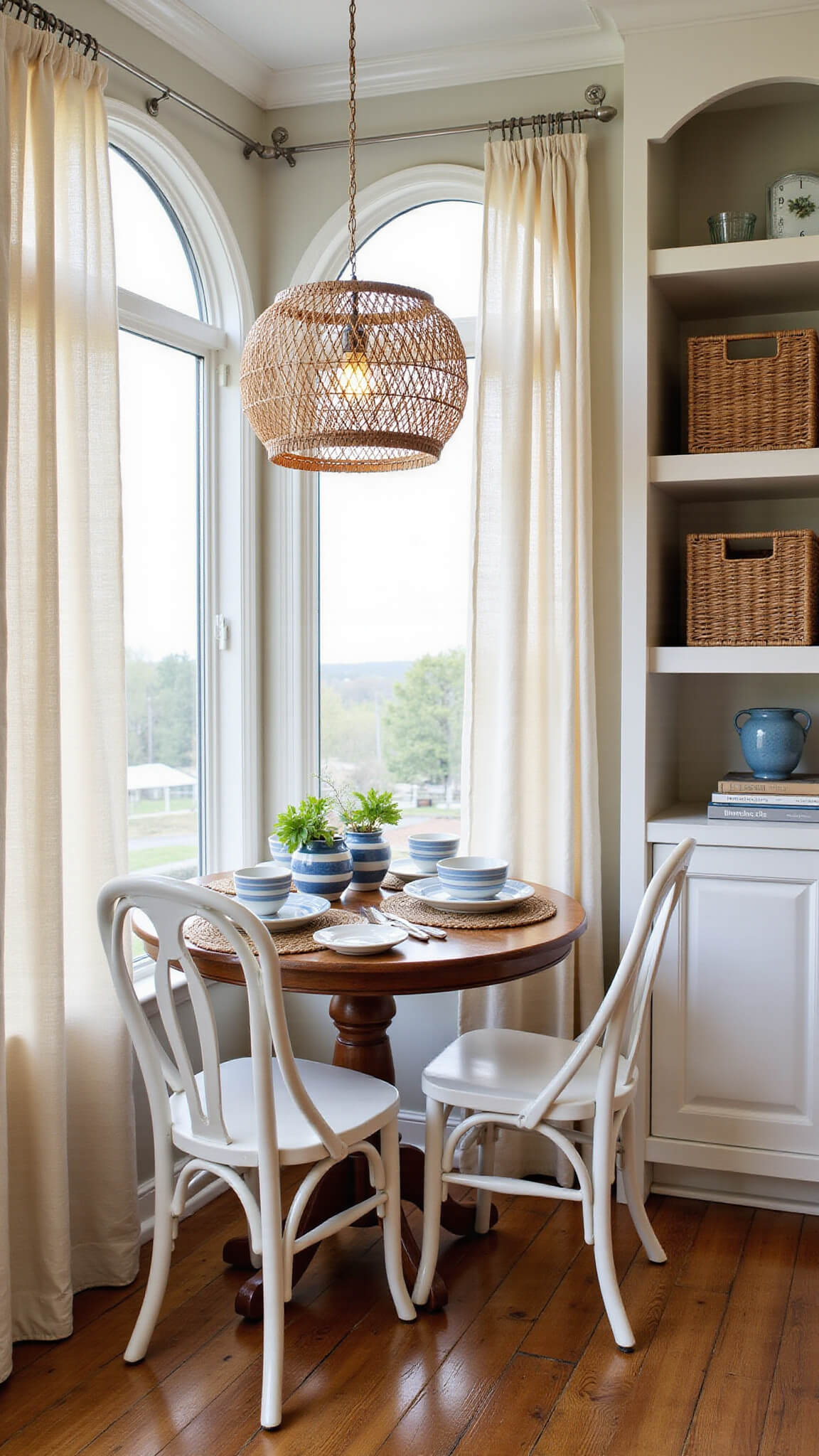 Cozy breakfast nook with arched window, round wood table, white chairs, rattan lamp, and morning light filtering through sheer curtains.