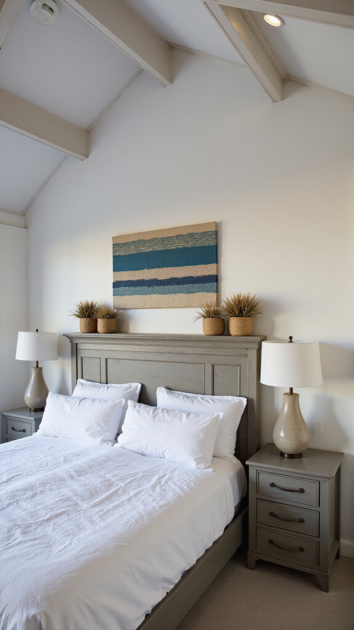 Primary bedroom at dusk with vaulted ceiling and exposed white beams, king bed in white linen facing floor-to-ceiling windows, flanked by gray nightstands with ceramic lamps, blue and sandy textile art above headboard, pampas grass in seagrass baskets, and soft ambient lighting.