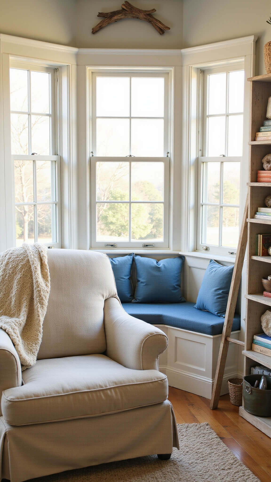 Cozy 8x10ft reading nook with oversized oatmeal linen armchair, coastal blue window seat, driftwood wall art, and warm afternoon light.