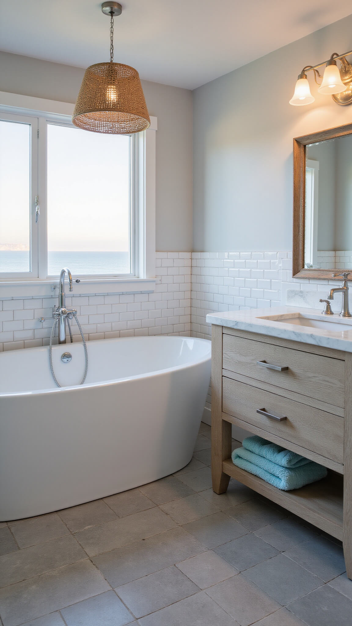 Freestanding white soaking tub beneath window with ocean view in serene master bathroom with gray hex tile floor, white subway walls, and weathered oak vanity.