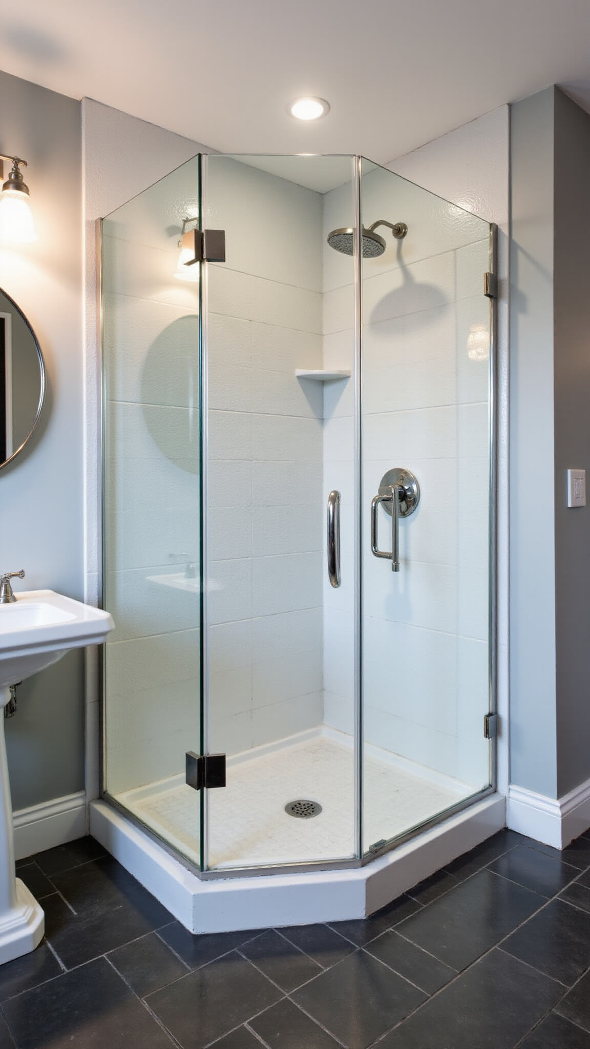 Neo-angle glass shower in 7x7ft bathroom with dark charcoal floor tiles, light gray walls, chrome hardware, and white penny tile interior under dramatic lighting.