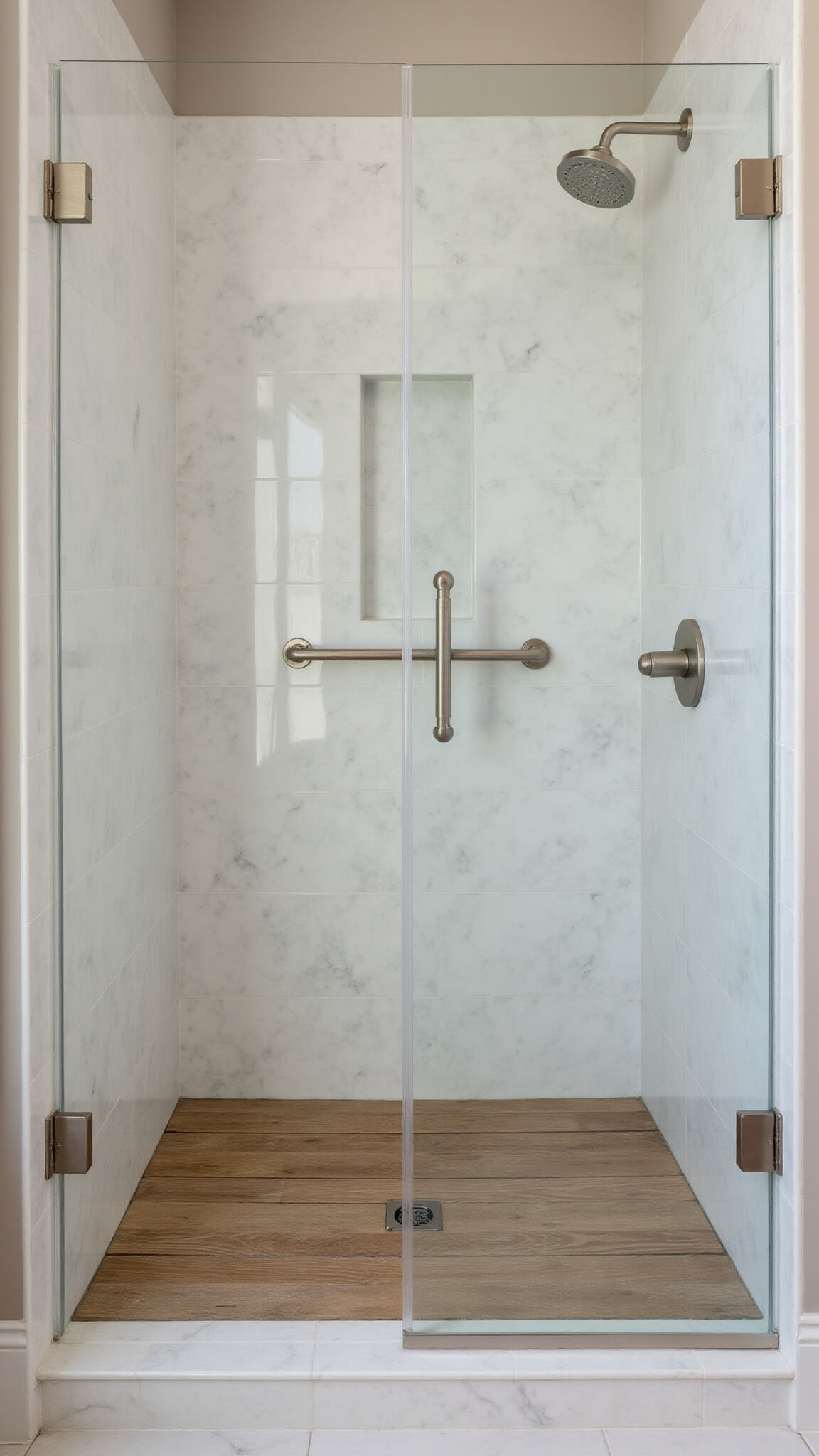 Minimalist 6x9ft bathroom with curbless marble shower, teak floor insert, and single glass panel in morning light.