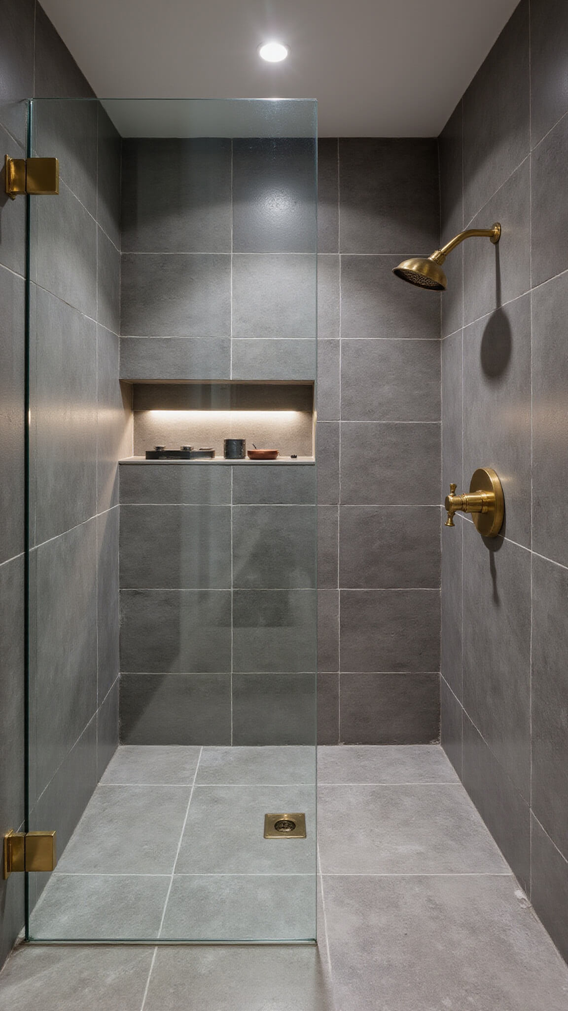 Elevated view of a luxe 8x8ft wet room with gray stone-look tiles, frameless glass shower divider, brass fixtures, and ambient LED lighting.