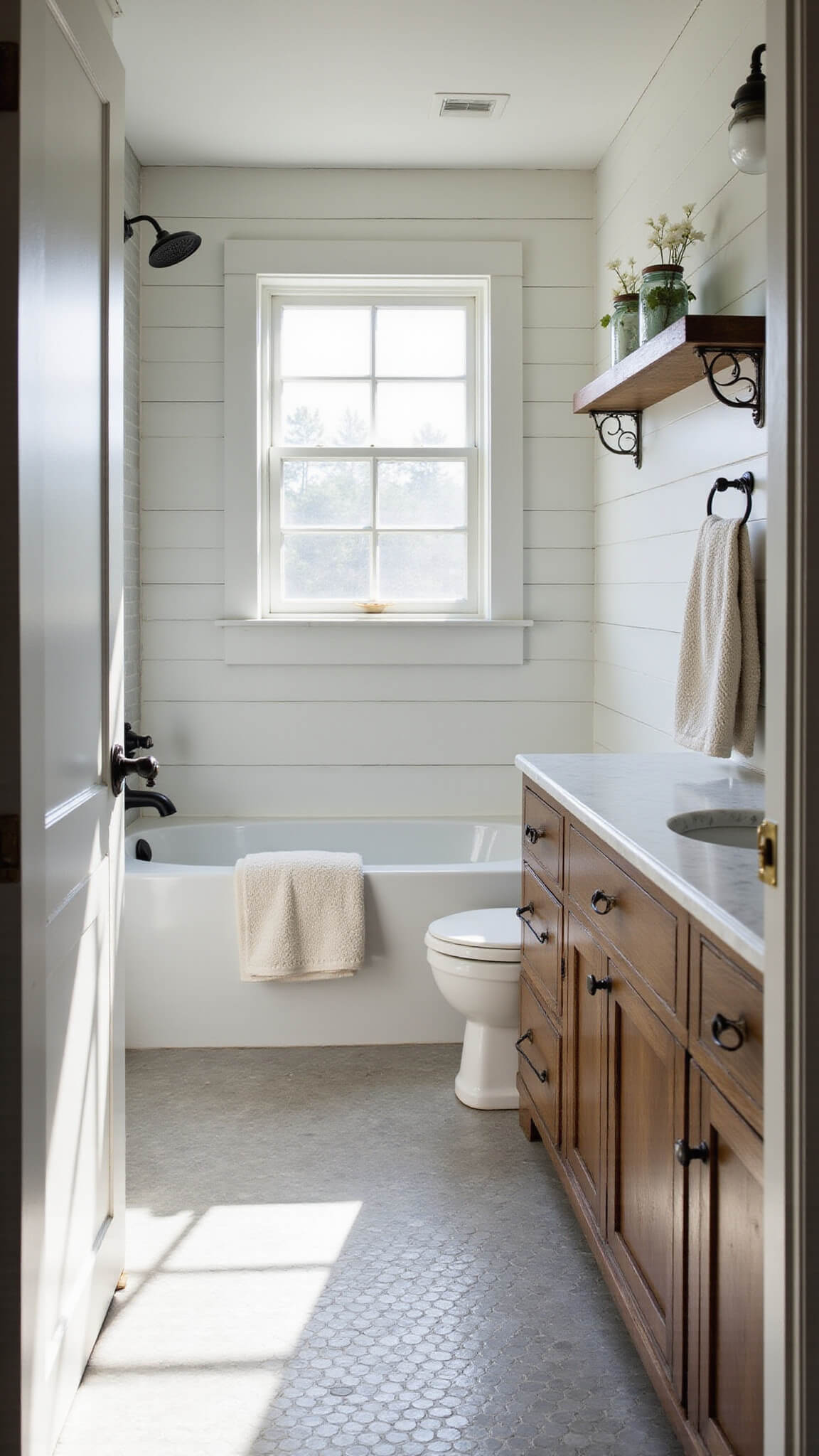 Farmhouse bathroom with white shiplap walls, vintage tub-shower combo, oak vanity, and morning sunlight through frosted window.
