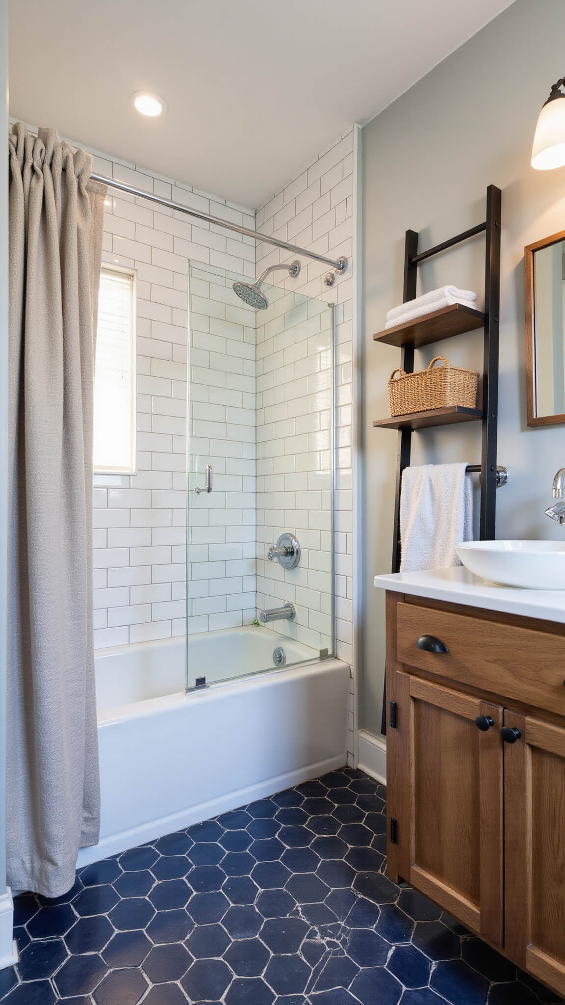 Modern farmhouse bathroom with navy hexagon floor tiles, white subway tile shower, built-in tub, black metal ladder shelf, and floating wooden vanity.