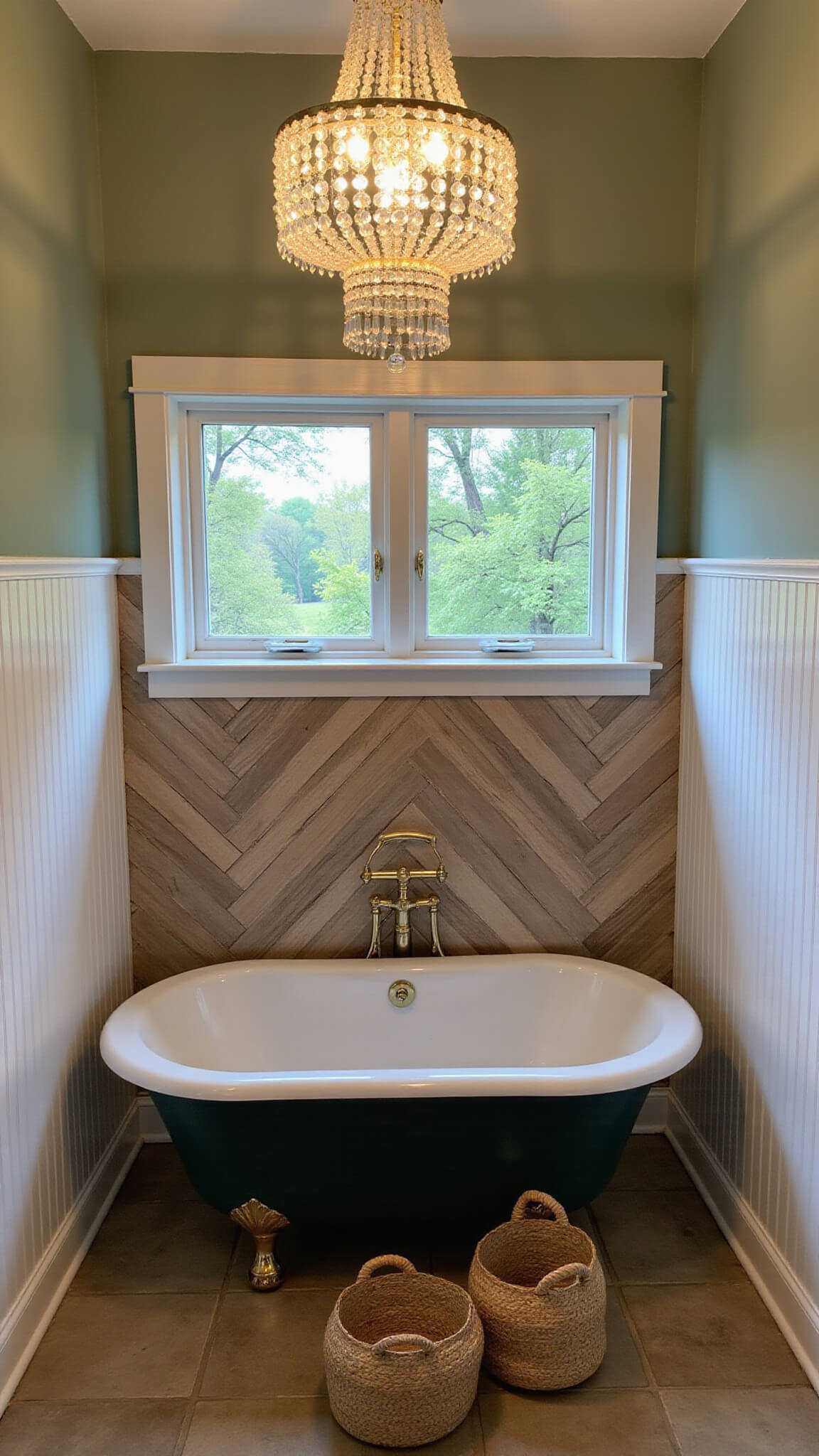 Overhead view of cozy farmhouse bathroom with clawfoot tub, herringbone tile wall, brass fixtures, and chandelier lighting.