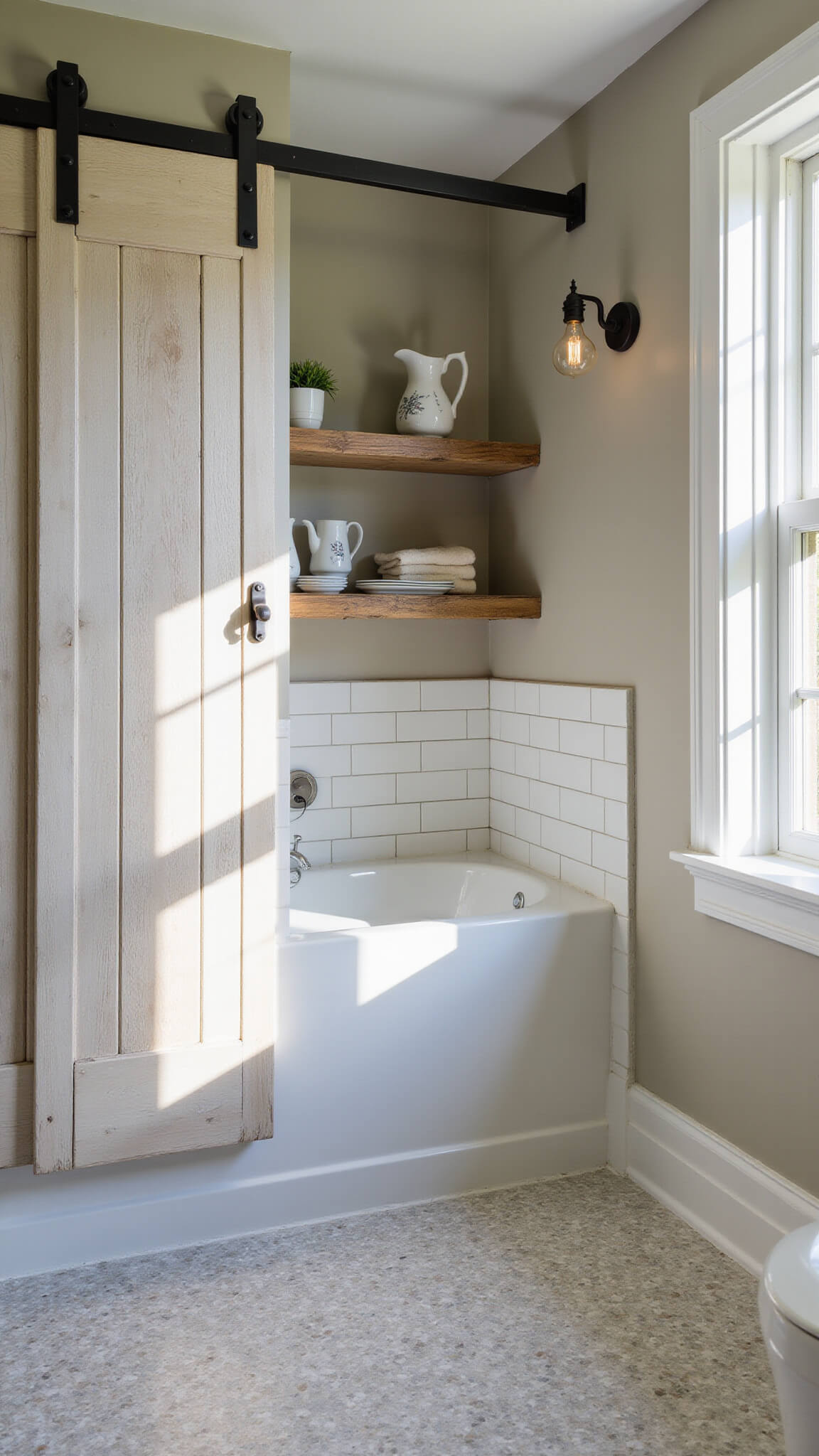 High-angle view of a sunlit 7'x5' bathroom corner featuring a white porcelain corner tub with subway tile surround, barn door revealing linen storage, floating shelves with ironstone pitchers, and marble mosaic basket weave flooring.