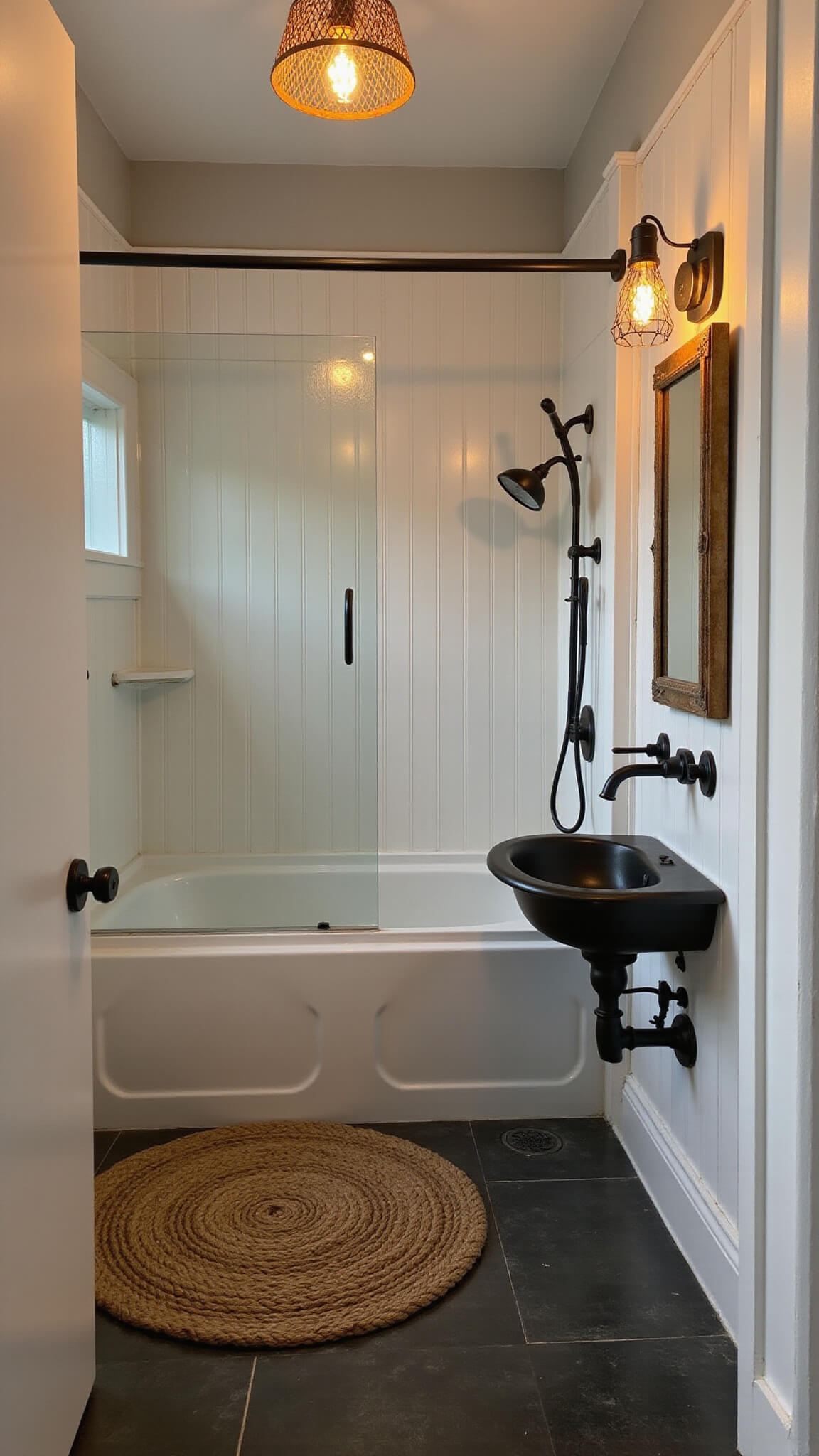 Cozy 5'x8' rustic bathroom at dusk with glass-enclosed tub-shower, matte black fixtures, white shiplap walls, charcoal tile floor, vintage copper mirror, pedestal sink, jute rug, and woven pendant light.