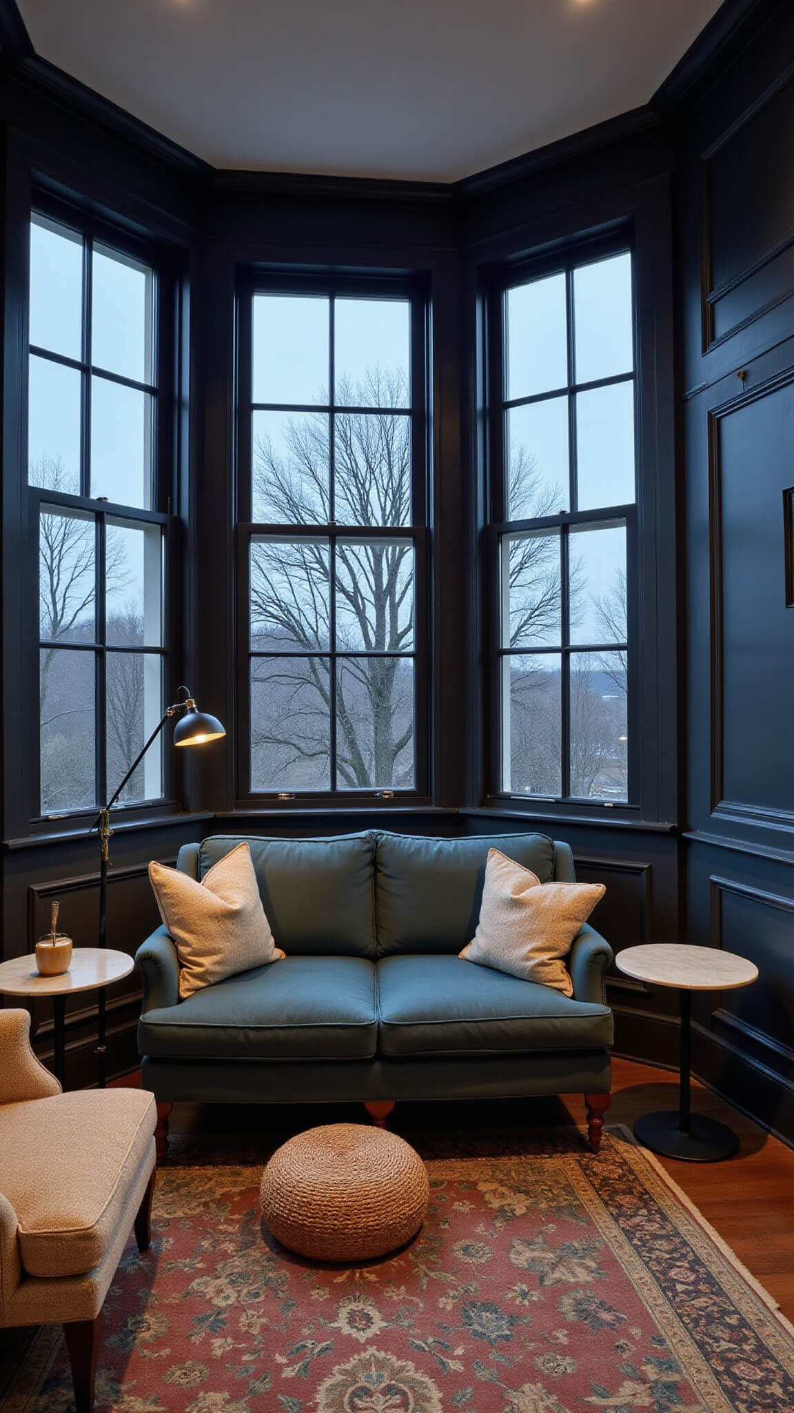 Cozy twilight sitting room with slate blue velvet sofa, bay windows, vintage Persian rug, and moody side lighting.