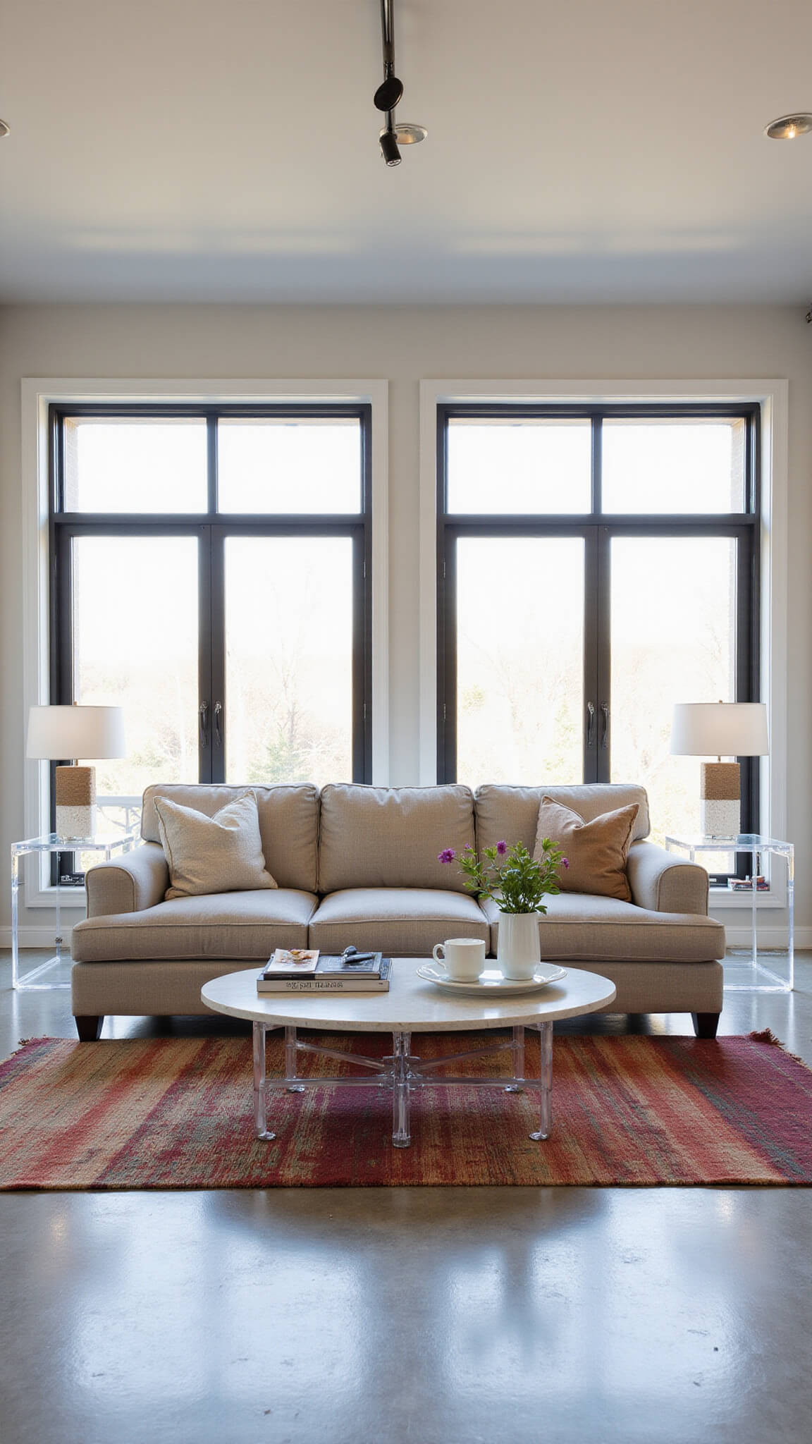 Modern open-concept living space with greige linen sectional, lucite tables, and overdyed rug under bright natural light from steel-framed windows.