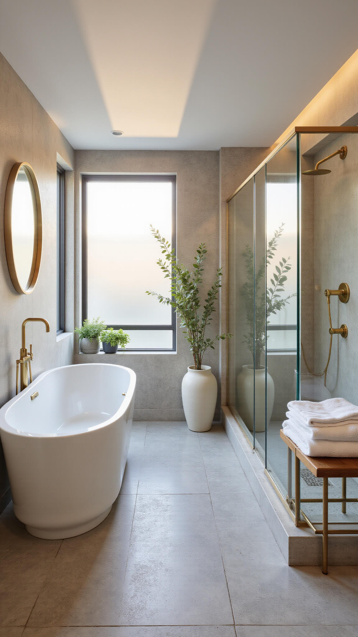 Modern spa-inspired bathroom with marble tub, frameless glass shower, brass fixtures, and natural light illuminating stone tiles and organic decor at golden hour.