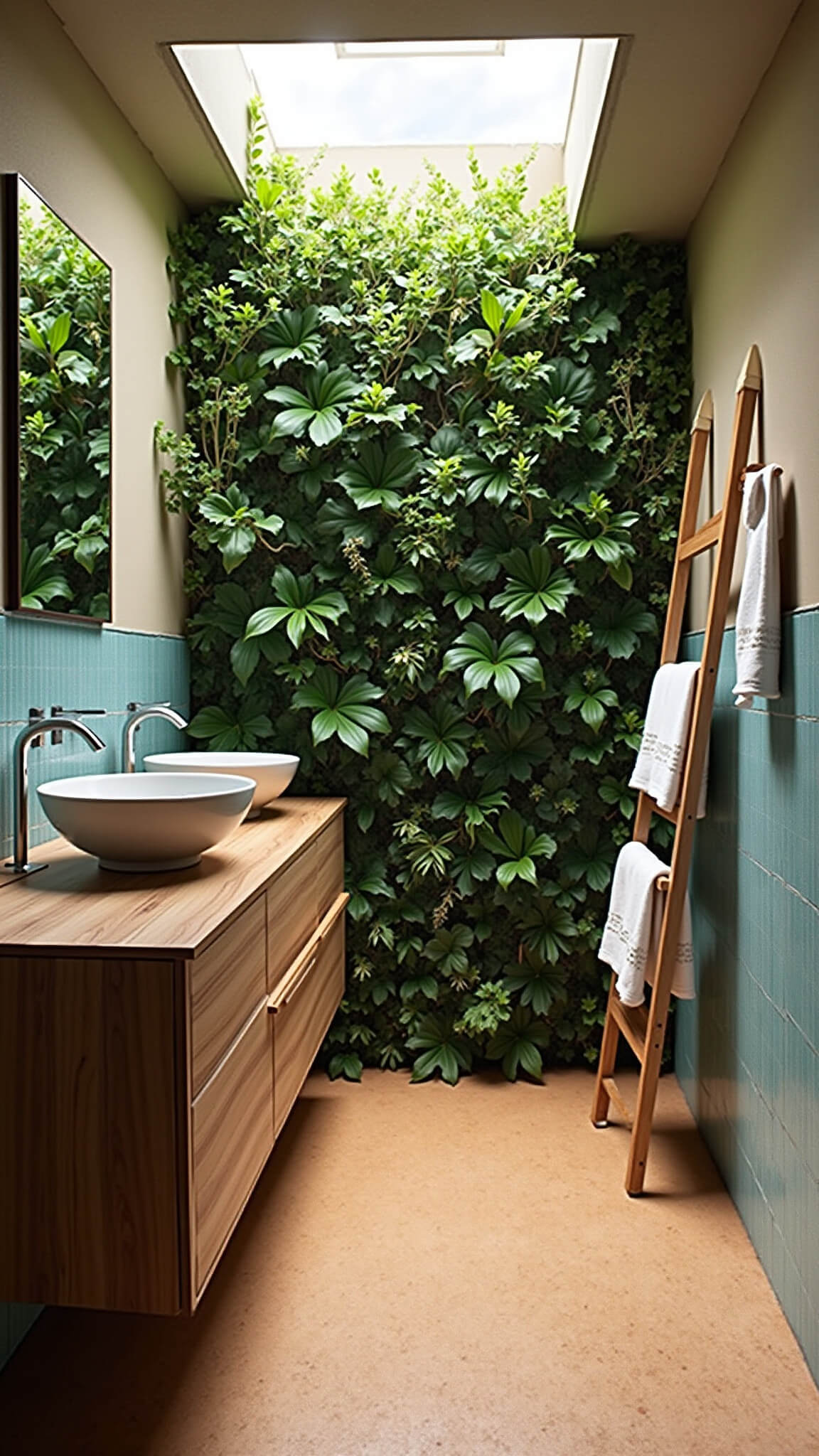 Sustainable luxury bathroom with reclaimed wood vanity, dual vessel sinks, living green wall, cork flooring, oceanic blue ceramic tiles, bamboo towel ladder, and skylight-filtered natural light.