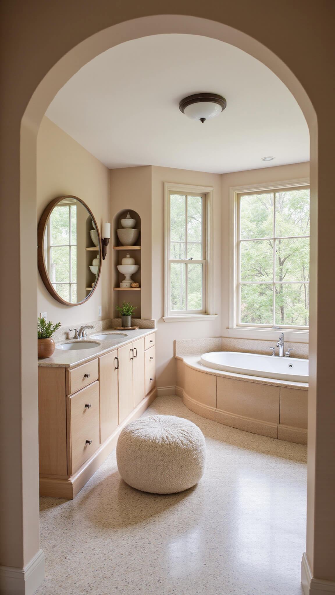 Curved bathroom with arched doorway, double pale oak vanity, round mirror, terrazzo flooring in soft pastels, and bouclé ottoman in warm neutral tones.