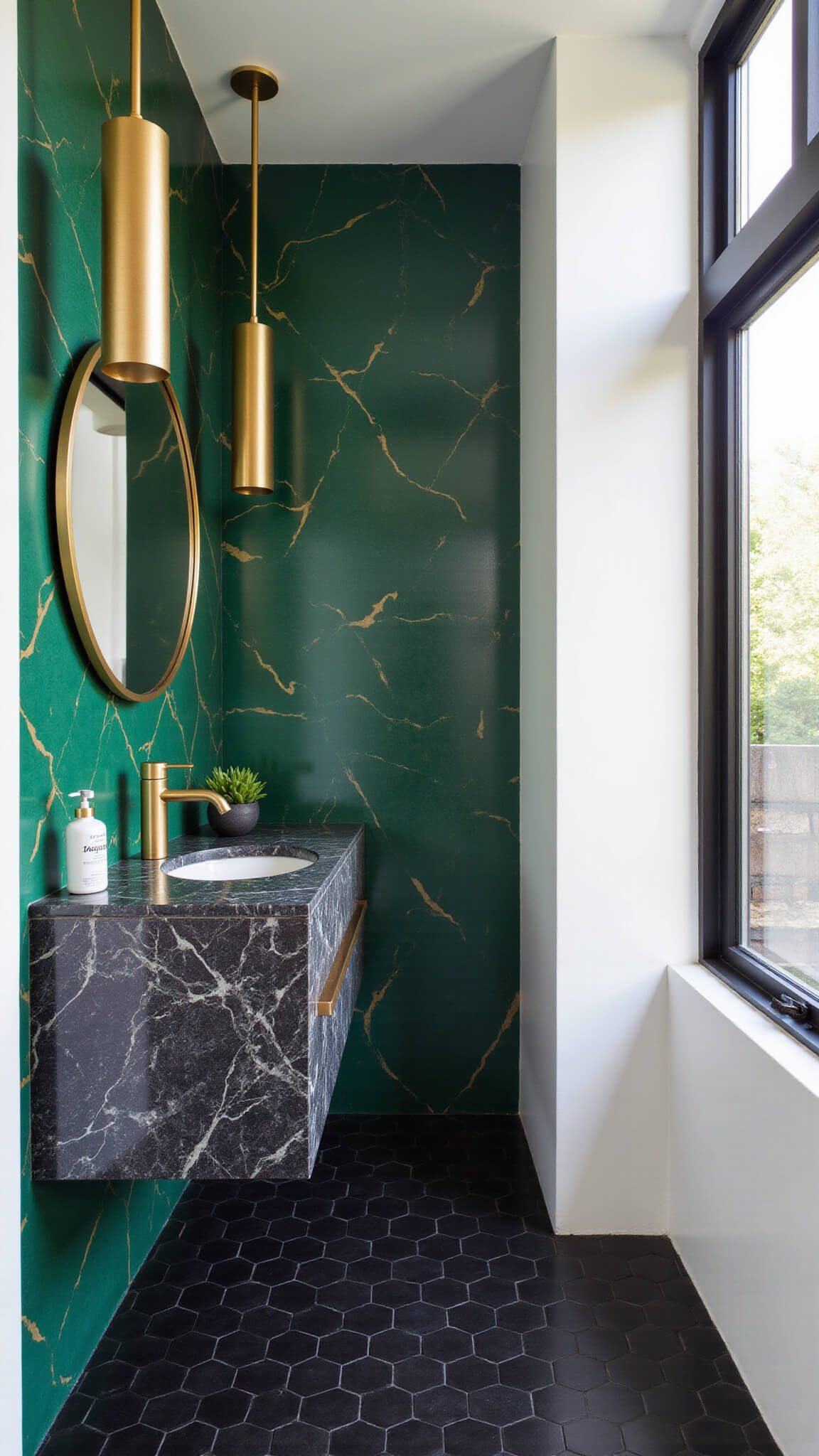 Modern 9x11 bathroom with emerald green accent wall featuring gold geometric patterns, black hexagonal tiles, floating black marble vanity, and brushed gold pendant lights.