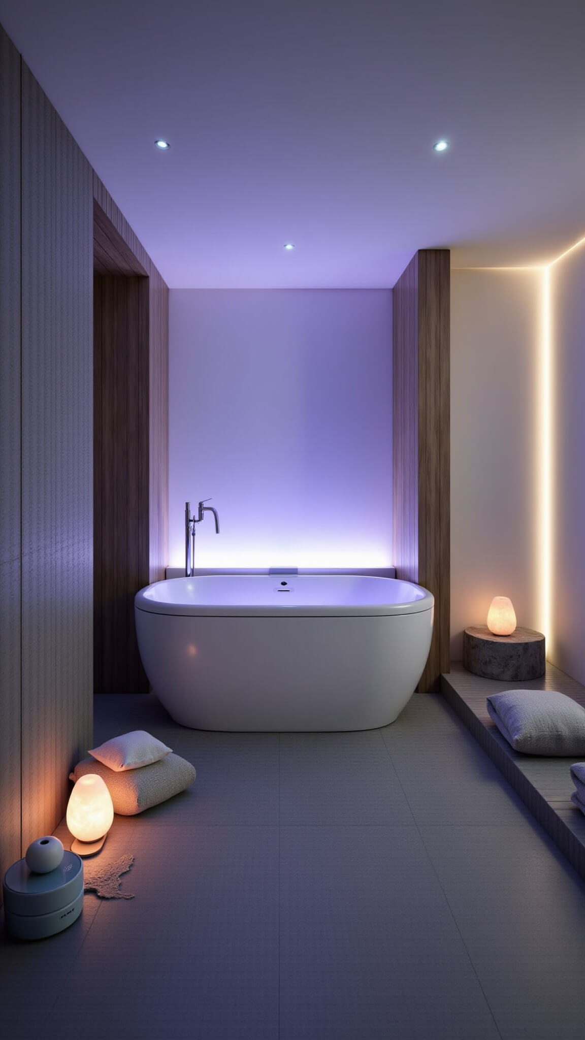 Wellness sanctuary with chromotherapy-lit soaking tub, steam shower, meditation corner, and heated slate floor, captured at blue hour with soft, dreamy lighting.