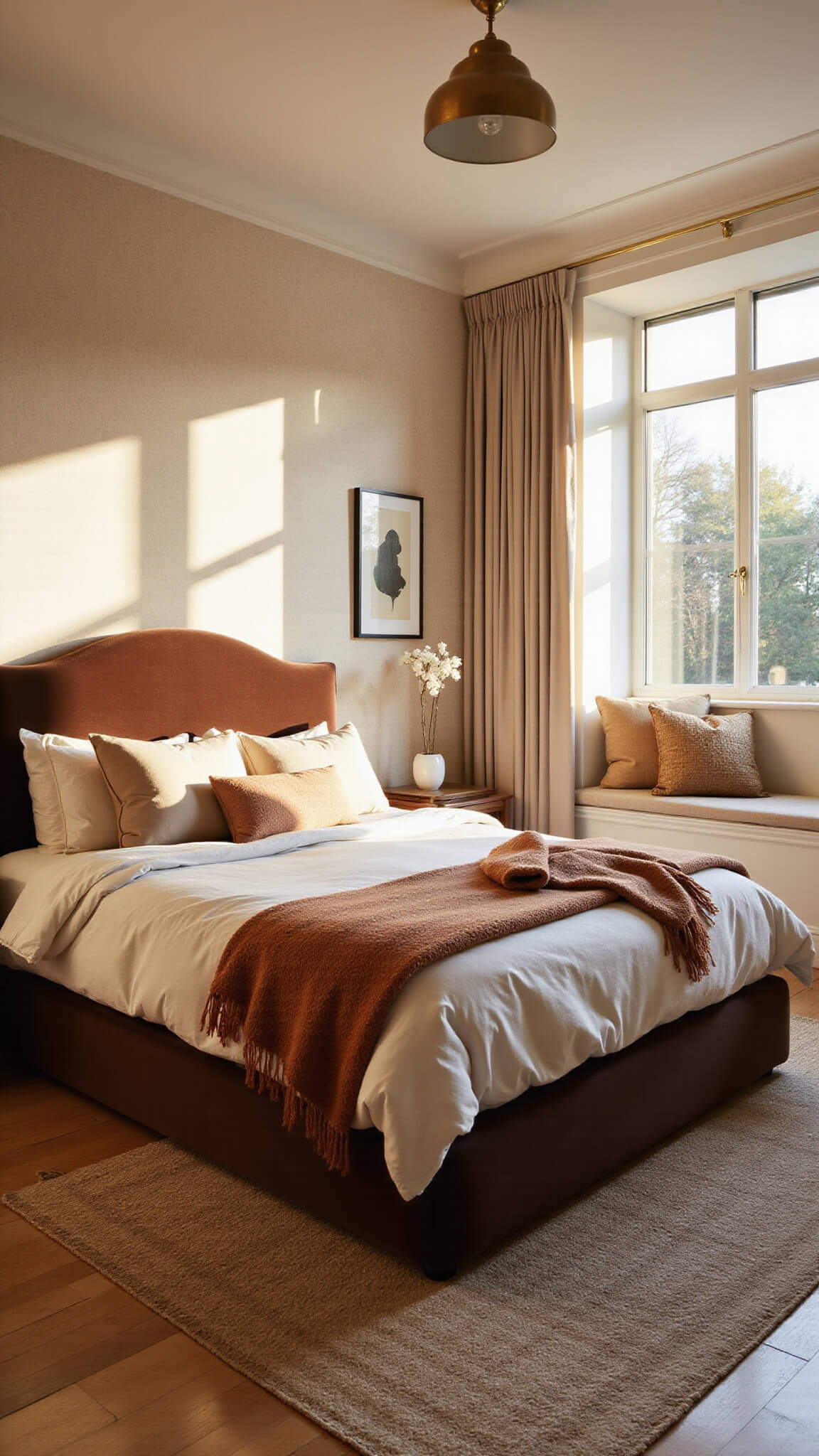 Sunlit 14x16ft bedroom with king bed, velvet headboard, cream and terracotta bedding, oak floors, Persian rug, brass pendant light, and built-in window seat.