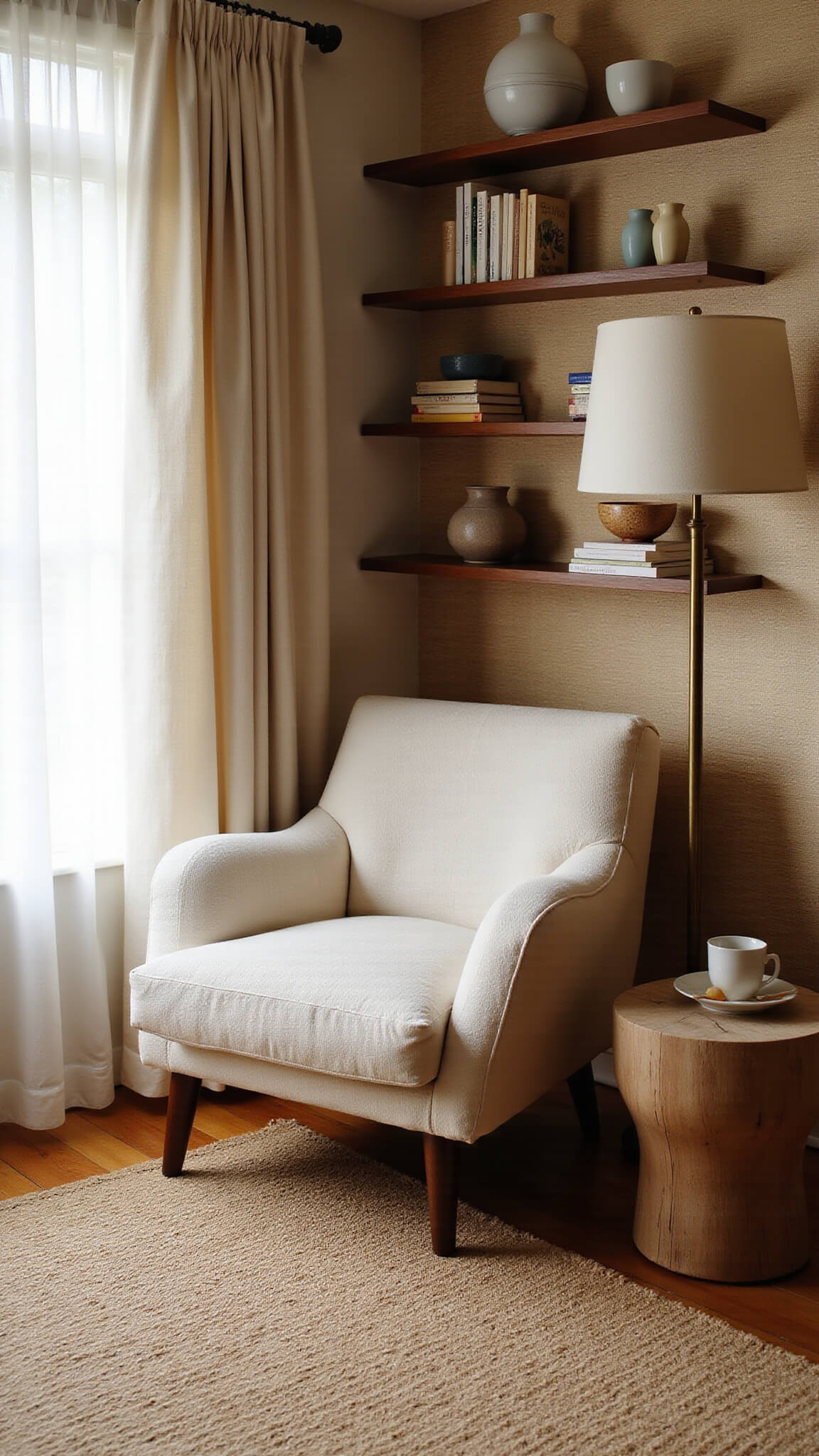 Cozy reading nook with cream boucle armchair, jute rug, floating shelves, and soft afternoon light through linen curtains.