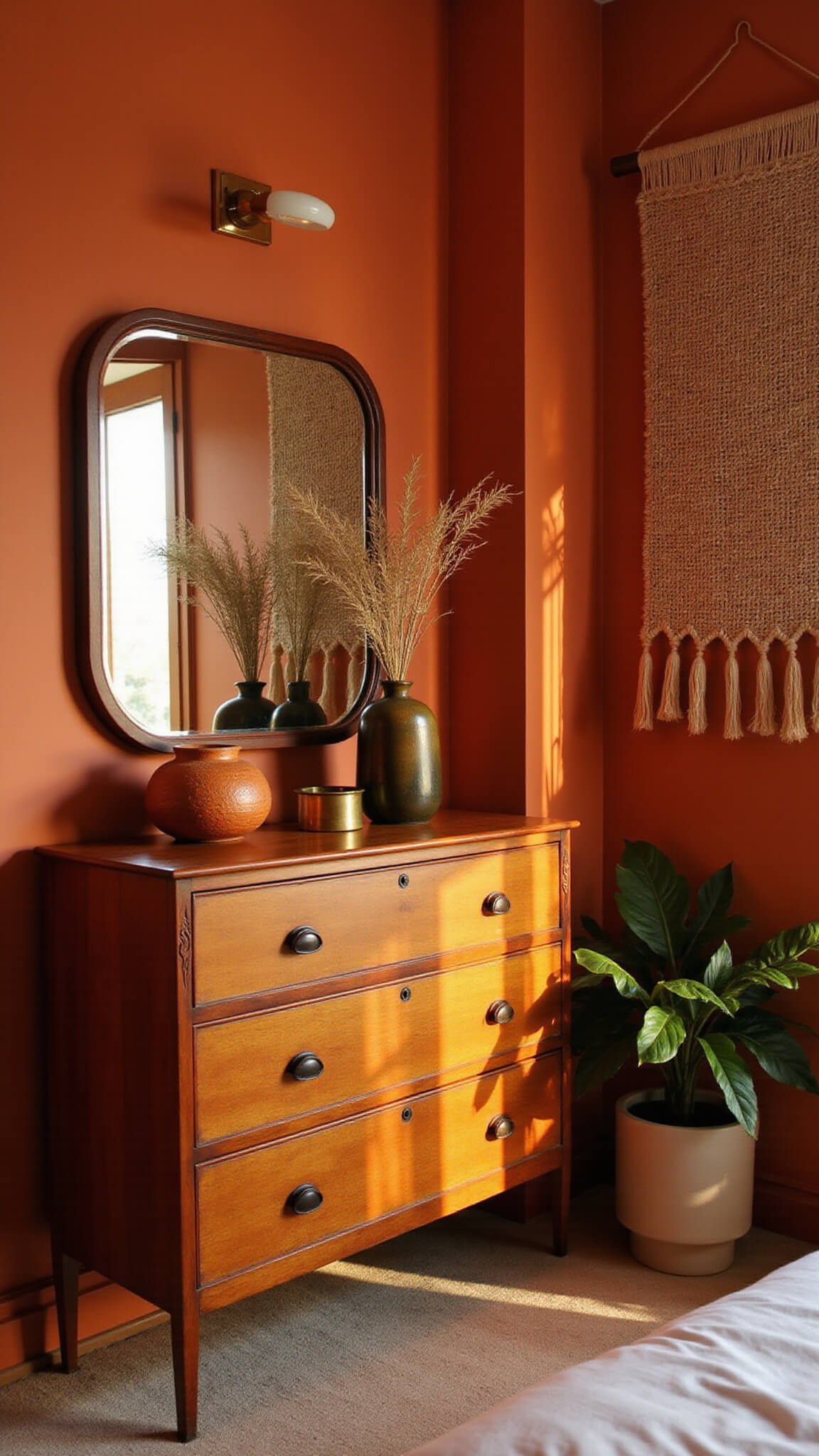 Eclectic bedroom corner with vintage wooden dresser, mid-century mirror, brass decor, and potted monstera in warm terracotta lighting.