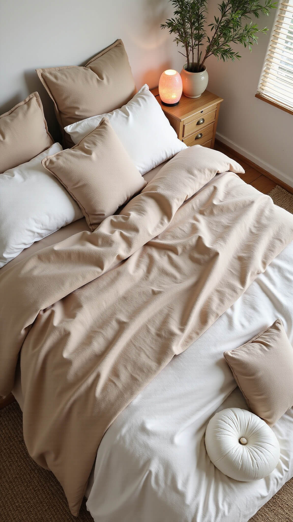 Cozy wellness bedroom with natural linen bedding, salt lamp glow, eucalyptus in vase, meditation cushions on sisal rug, and soft light through bamboo blinds.