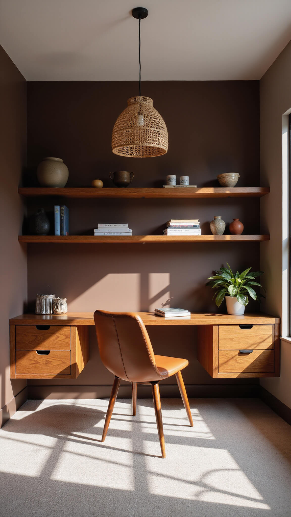 Custom bedroom workspace with walnut built-in desk, vintage leather chair, and open shelves displaying pottery and art against a chocolate brown wall.