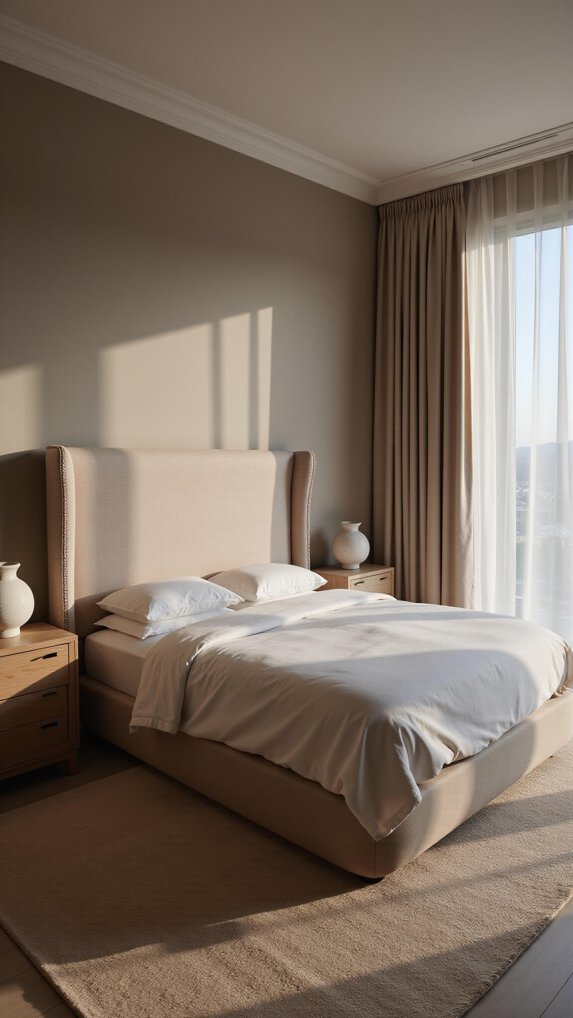 Warm minimalist bedroom with monochromatic king bed, oversized linen headboard, bleached oak nightstands, ceramic lamps, cream wool rug, and linen curtains at blue hour.