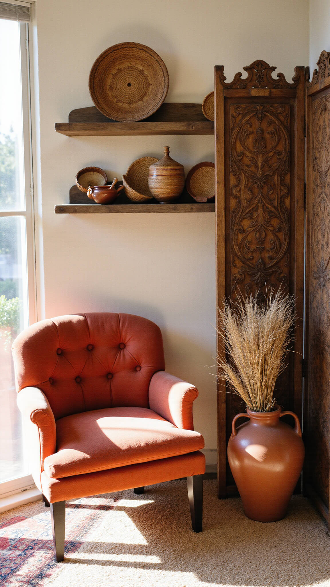 Cozy personal sanctuary with terracotta velvet armchair, carved wooden screen, layered Moroccan and sisal rugs, pampas grass in earthenware vase, and floating shelves with woven baskets and art, bathed in late afternoon sunlight.