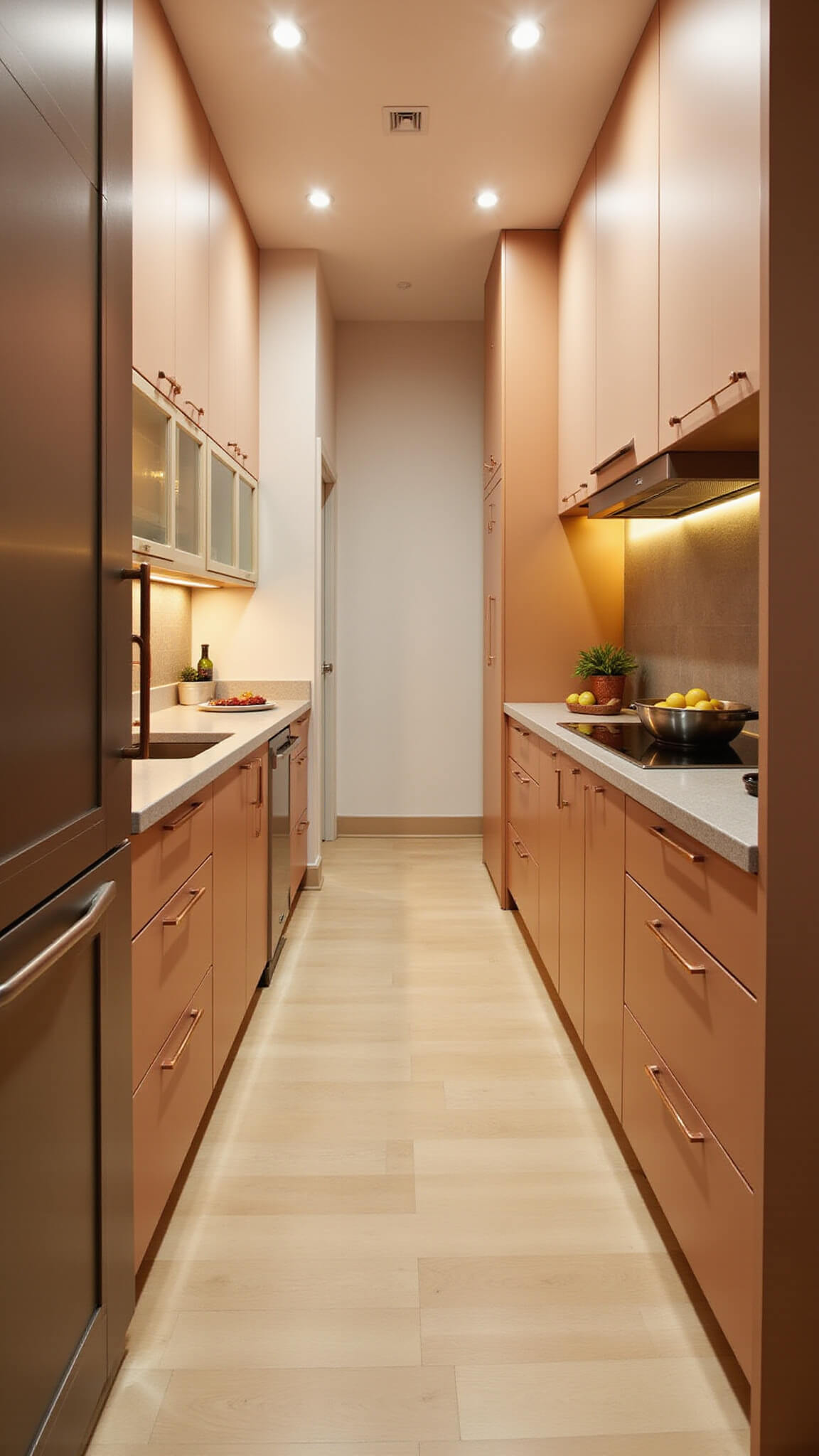 Modern 8x14ft galley kitchen with recessed LED lighting, matte peach upper cabinets, caramel lower cabinets, glass-front display units, and mixed metallic hardware.