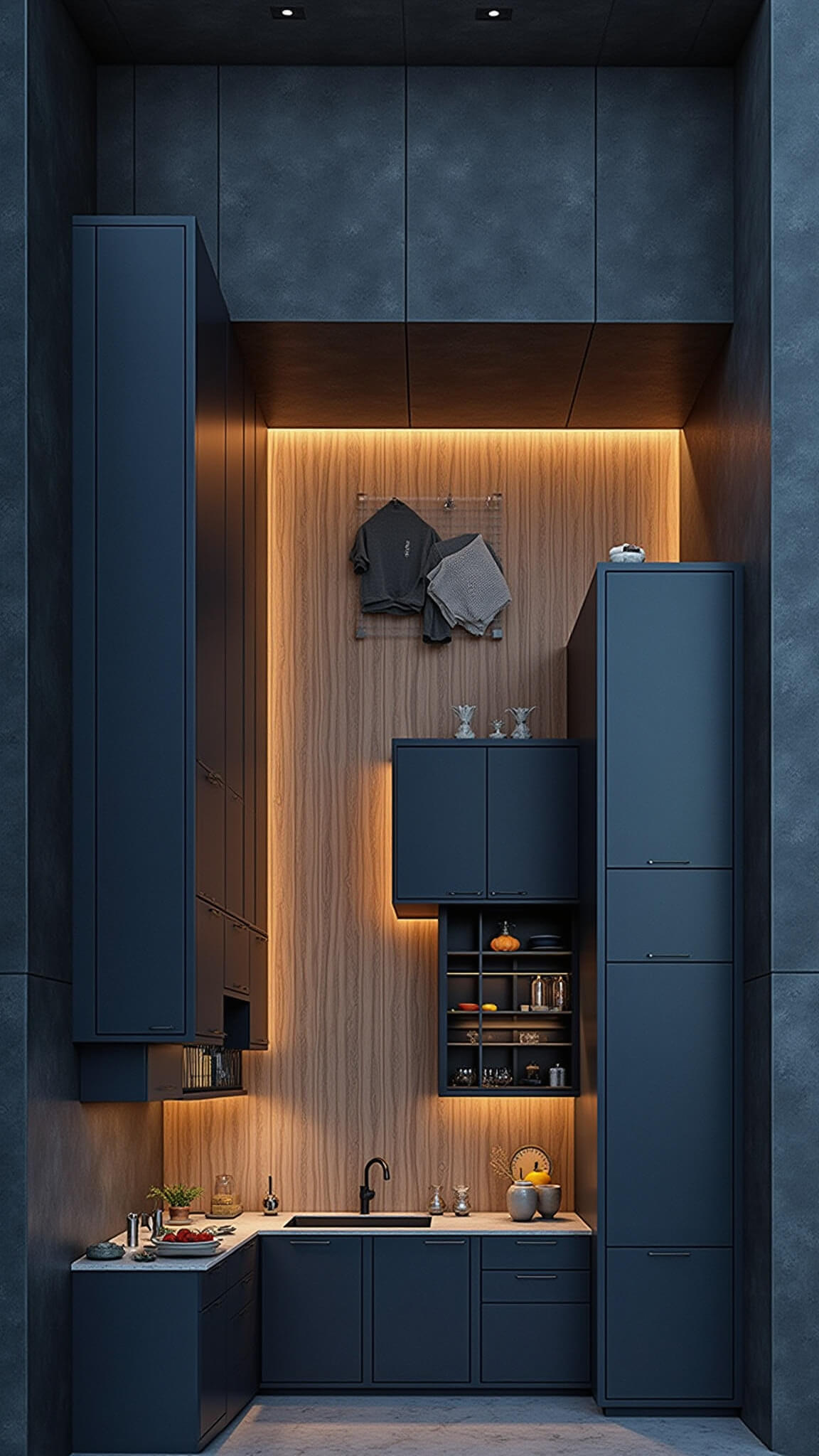 Overhead view of a moody open-concept kitchen with dark blue-gray cabinets, integrated pantry, under-cabinet lighting, and smart LED indicators.