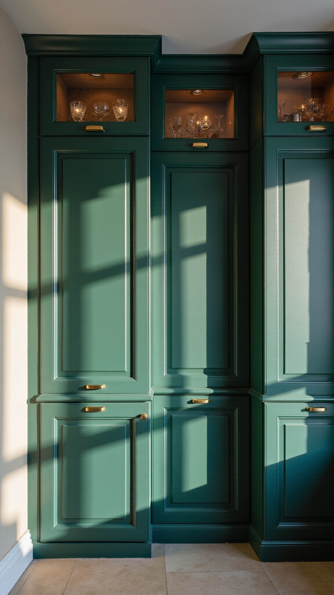 Luxurious emerald green chef's kitchen with floor-to-ceiling fluted glass cabinets, brushed gold hardware, and afternoon sunlight casting dramatic shadows.