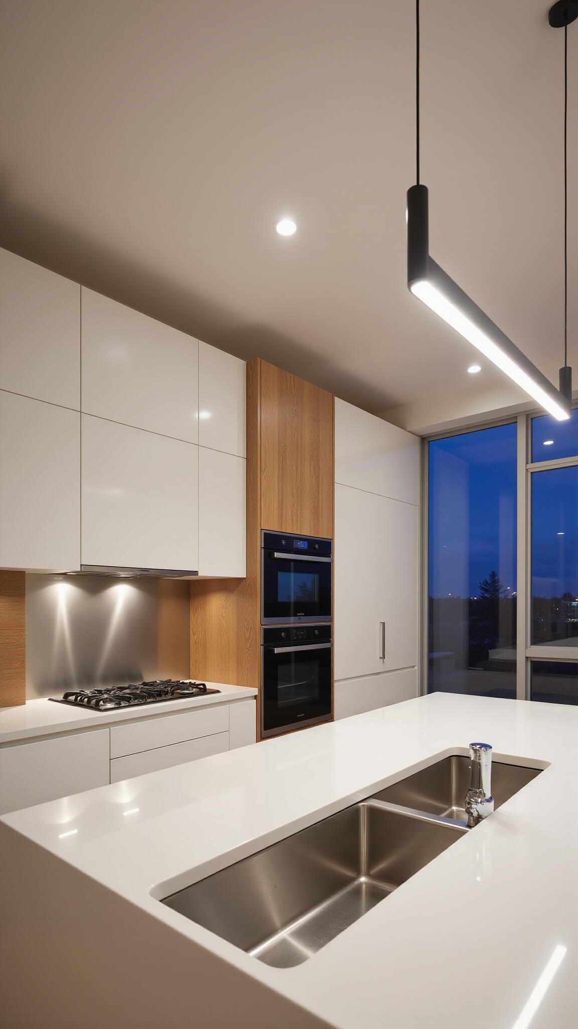 Minimalist 11x13ft kitchen at twilight with matte white cabinets, natural oak accent wall, smart under-counter fridges, and linear pendant lighting in a clean, contemporary design.