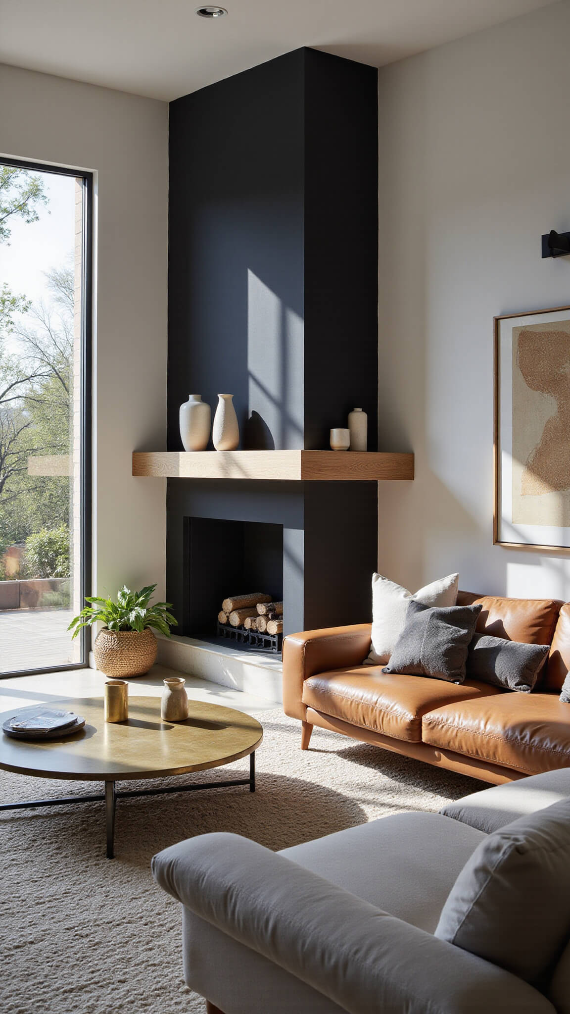 Contemporary living room with matte black corner fireplace, warm grey leather sectional, brass coffee table, and textured decor lit by late afternoon sun through floor-to-ceiling windows.