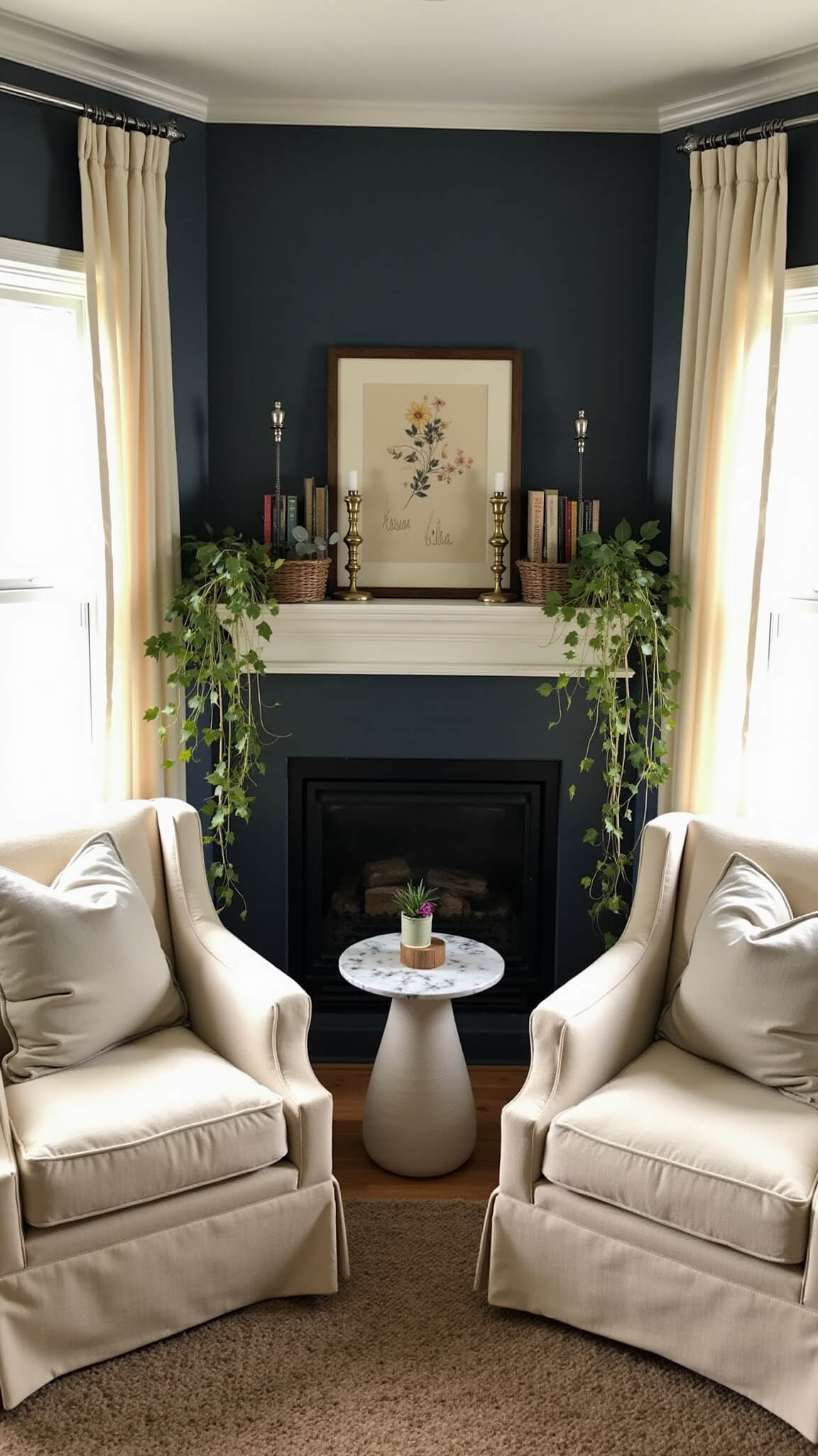 Cozy 12x14ft living space with navy shiplap corner fireplace, cream bouclé chairs, marble side table, vintage rug, and warm golden hour lighting.