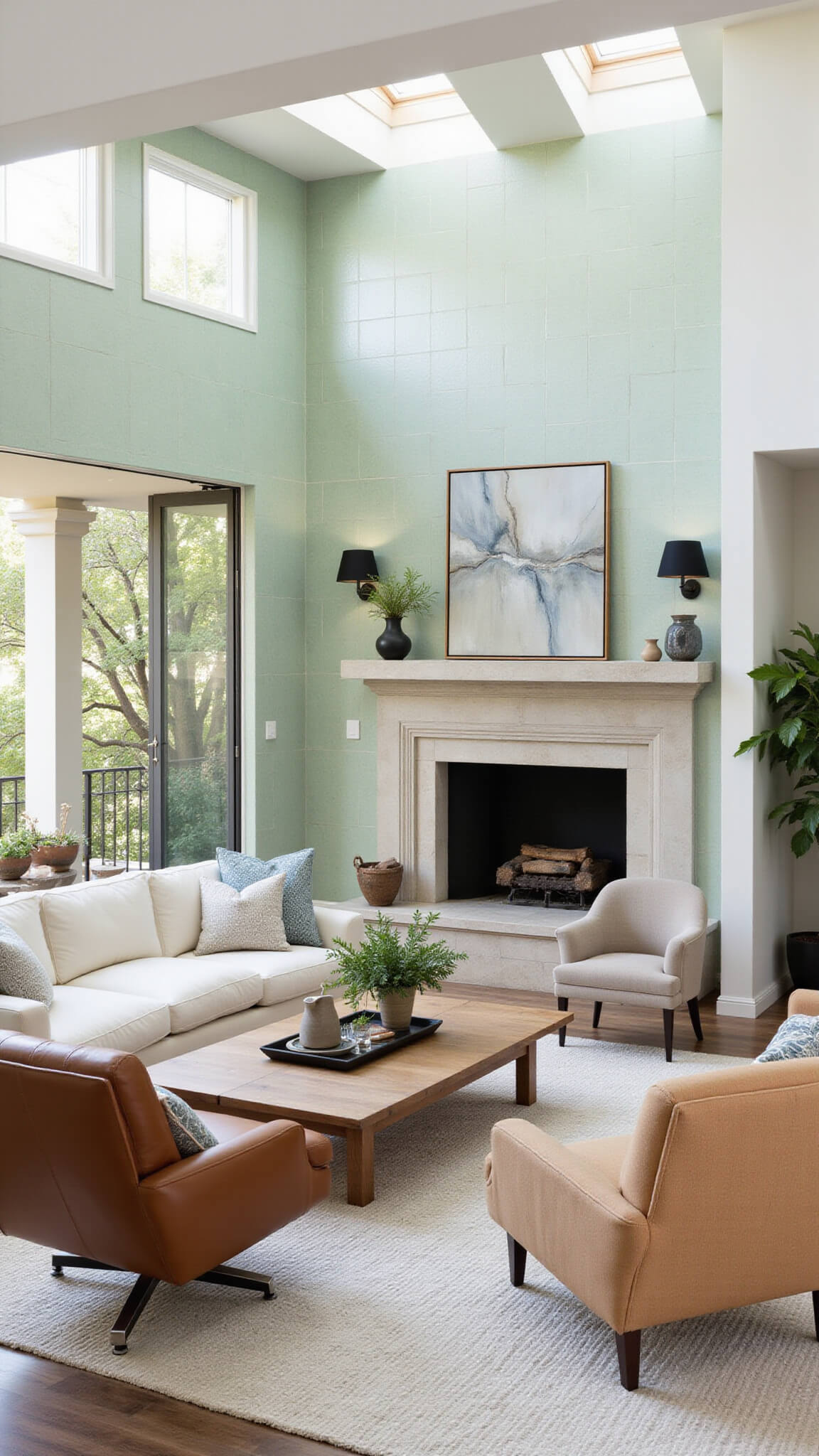 Wide-angle view of a 20x20ft great room with a corner fireplace in pale sage green tile, skylights, cream curved sofa, leather swivel chairs, wooden coffee table, and organic decor elements.