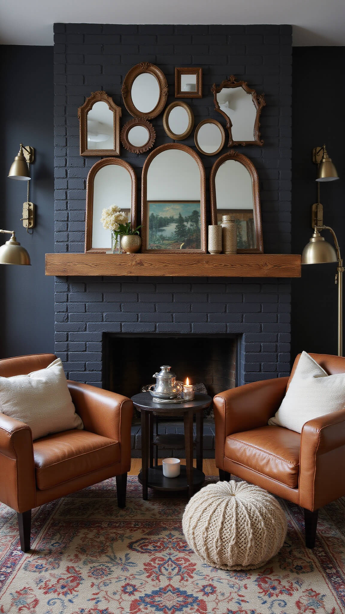 Cozy 14x16ft den with charcoal brick corner fireplace, cognac leather chairs, vintage mirrors on rustic mantel, Persian rug, and moody dusk lighting.