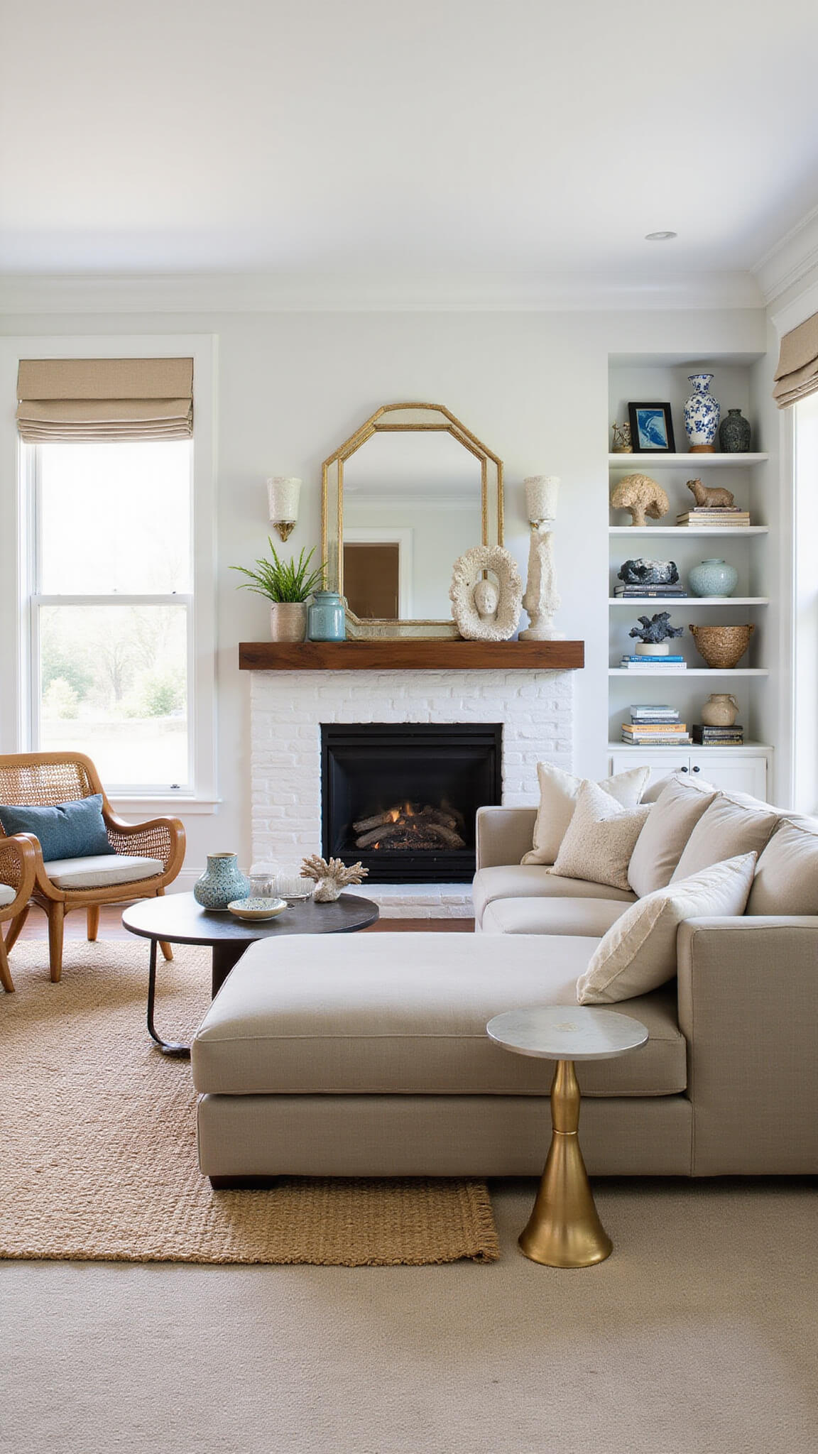 Bright family room with corner fireplace, modern white and gold tile surround, walnut floating mantel, L-shaped velvet sectional, rattan chairs, coastal decor, and soft mid-morning light.