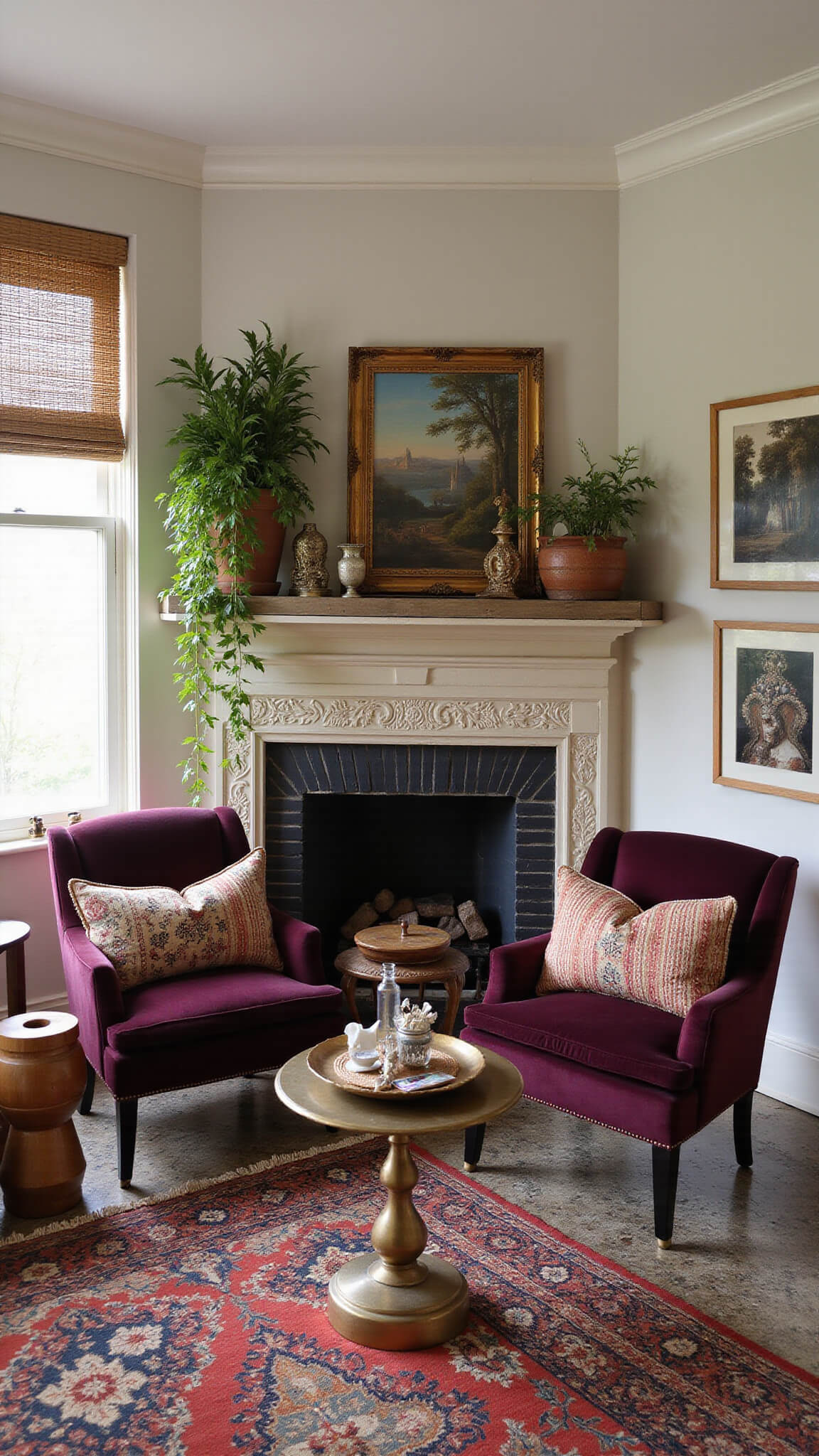 Eclectic sitting room with vintage-patterned cement tiles, corner fireplace, jewel-toned velvet chairs, global artifacts on mantel, and warm afternoon light through bamboo blinds.