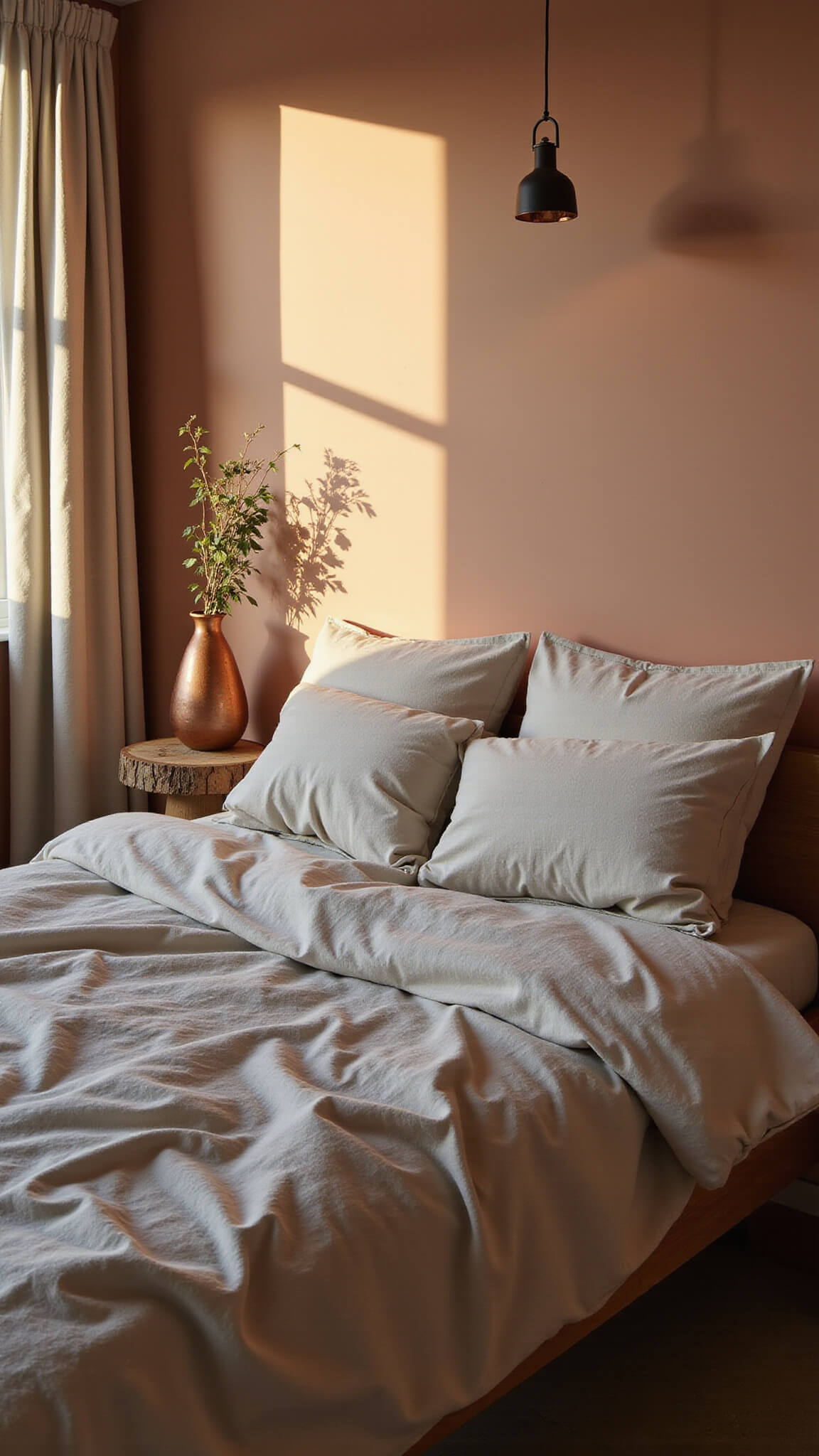 Cozy golden hour bedroom with rumpled oatmeal-toned bedding, handcrafted ceramic pendant light, natural wood bedside table, and soft clay-colored walls.