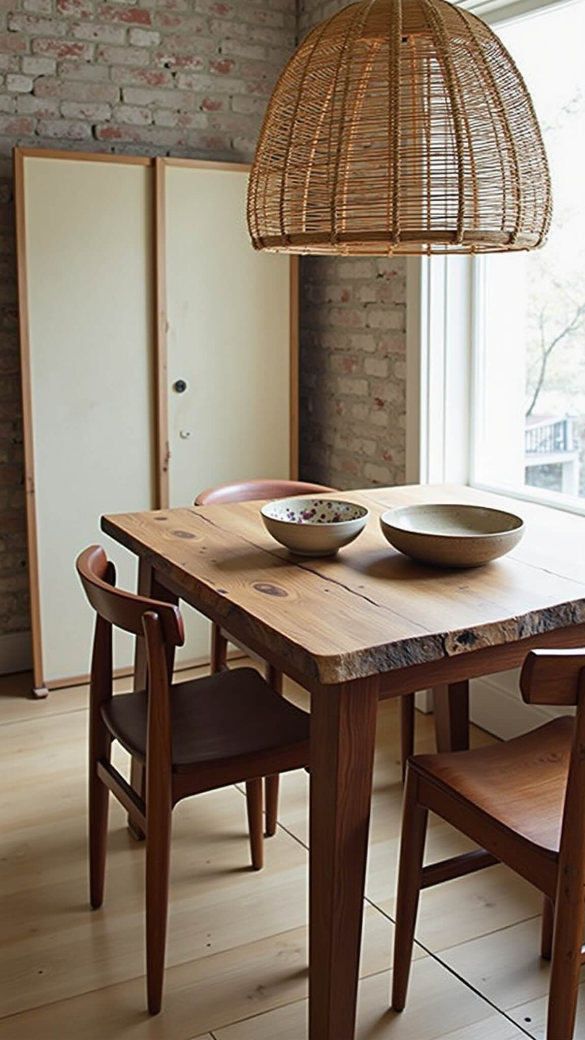 Minimalist dining nook with live-edge walnut table, mismatched vintage chairs, ceramic dishware, exposed brick wall, rattan pendant, and soft morning light through paper screen.