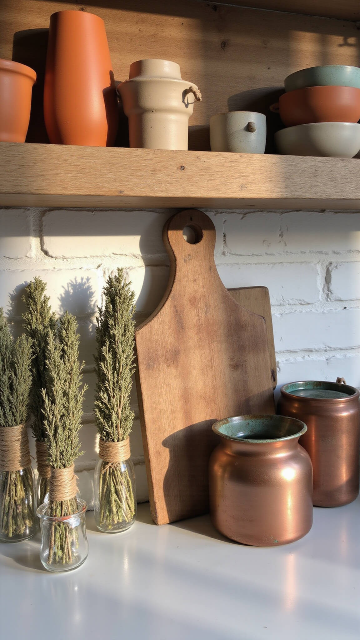 Rustic kitchen shelf with handmade earth-toned pottery, dried herb bundles, and aged cutting boards against whitewashed brick, lit by soft side afternoon light.