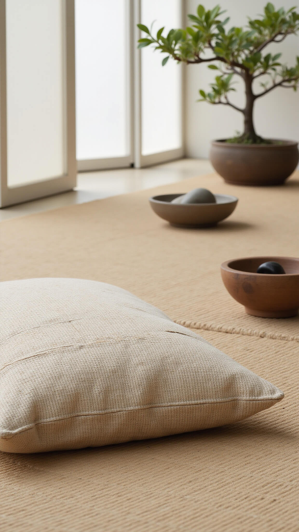 Floor-level view of a minimalist meditation corner at dawn with a handwoven cushion on an aged bamboo mat, ceramic incense holder with crackling, wooden bowl of river stones, potted wabi-sabi bonsai, and soft light filtering through a shoji screen.